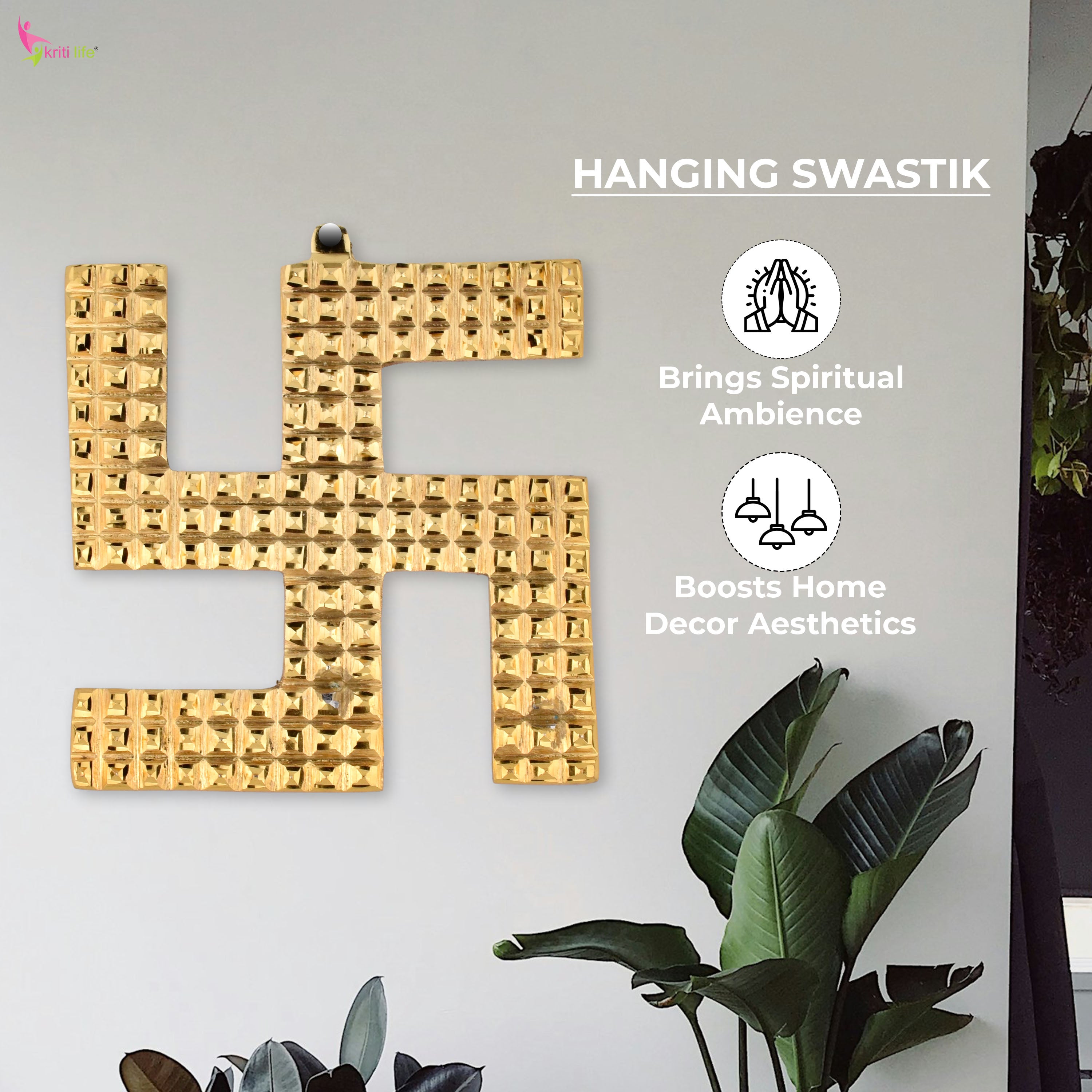 Brass Swastik Wall Hanging – Grid Texture Design for Positive Vibes- 4 inches