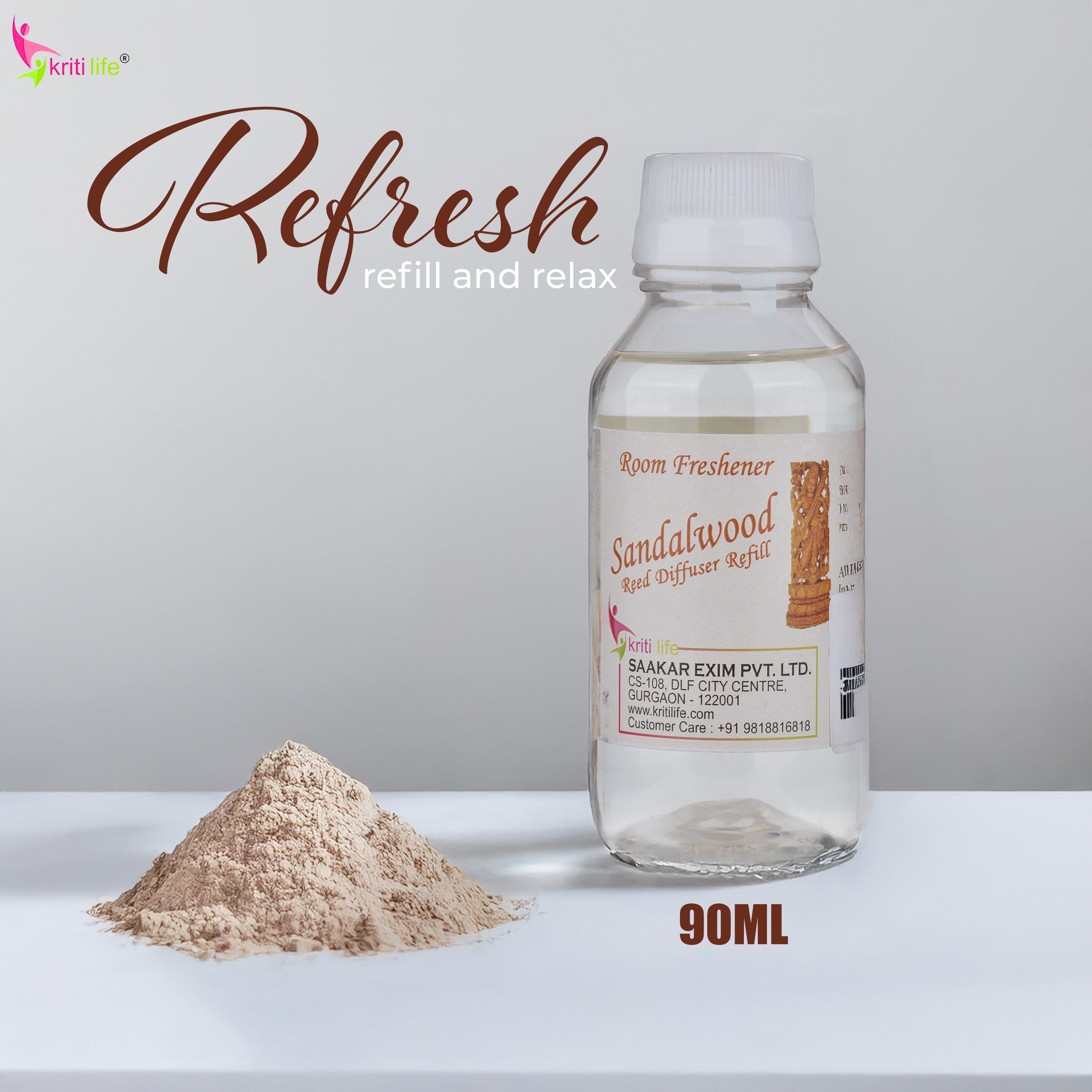 Kriti Life Reed Diffuser Refill - Sandalwood 90ML Long-Lasting Room Fragrance