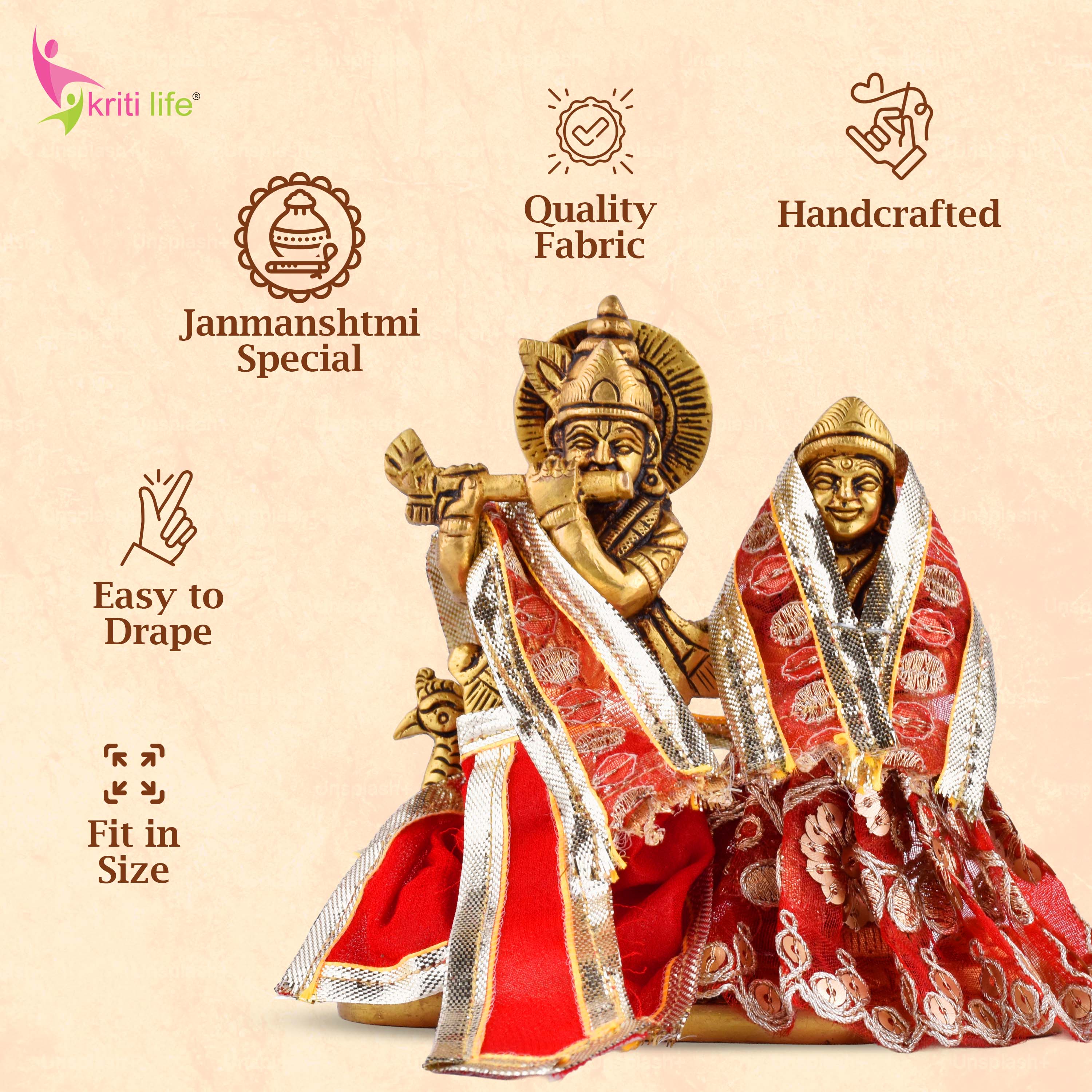 Red Radha Krishna Dress Set for 4 Inch Idol – Embroidered Vastra with Golden Sequin Work