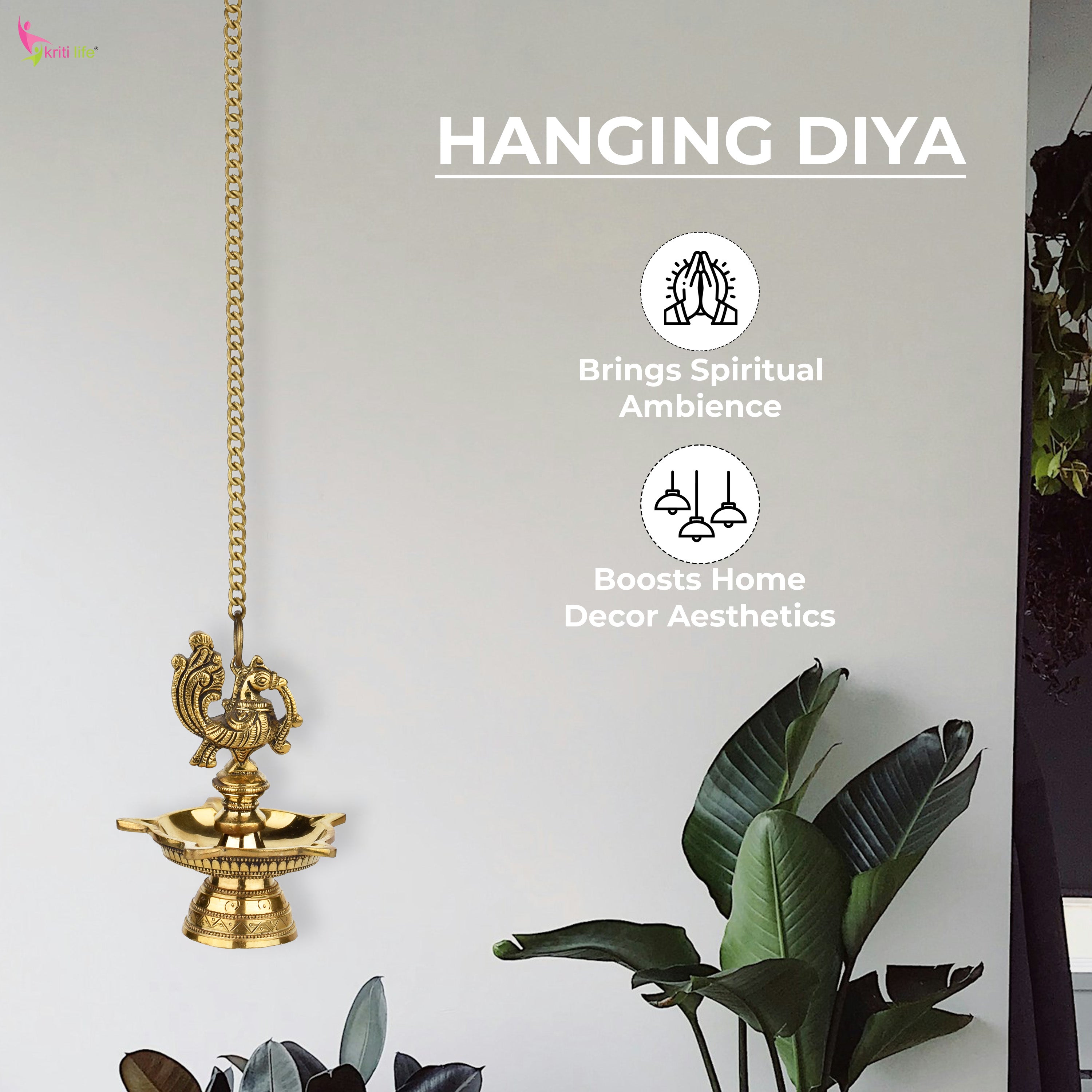 Brass Hanging Peacock Wall Mount Diya with Chain | 47 cm Hight |