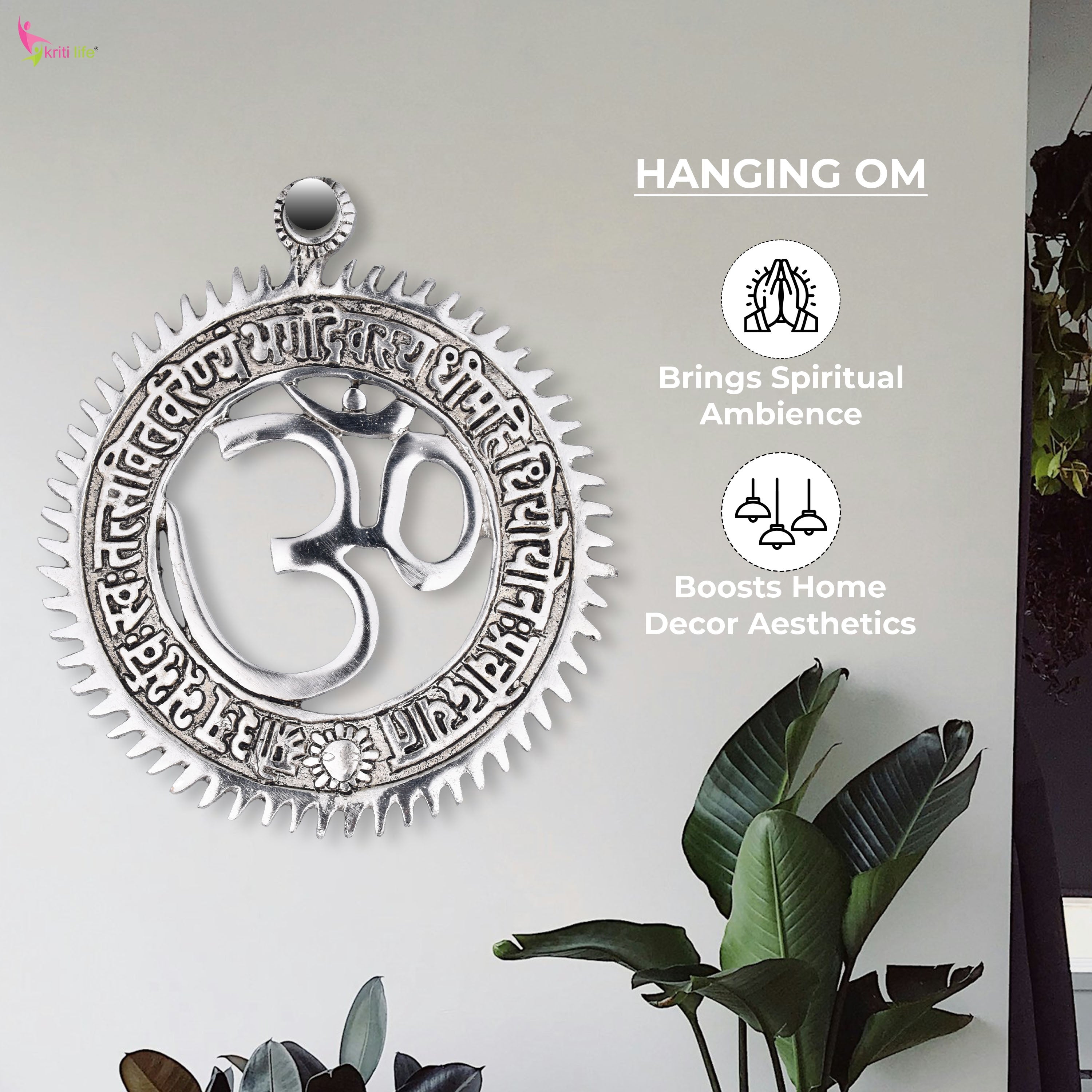 Silver-Finish Brass Om Wall Hanging with Mantras – Spiritual Wall Mount for Home & Office- 6 inches
