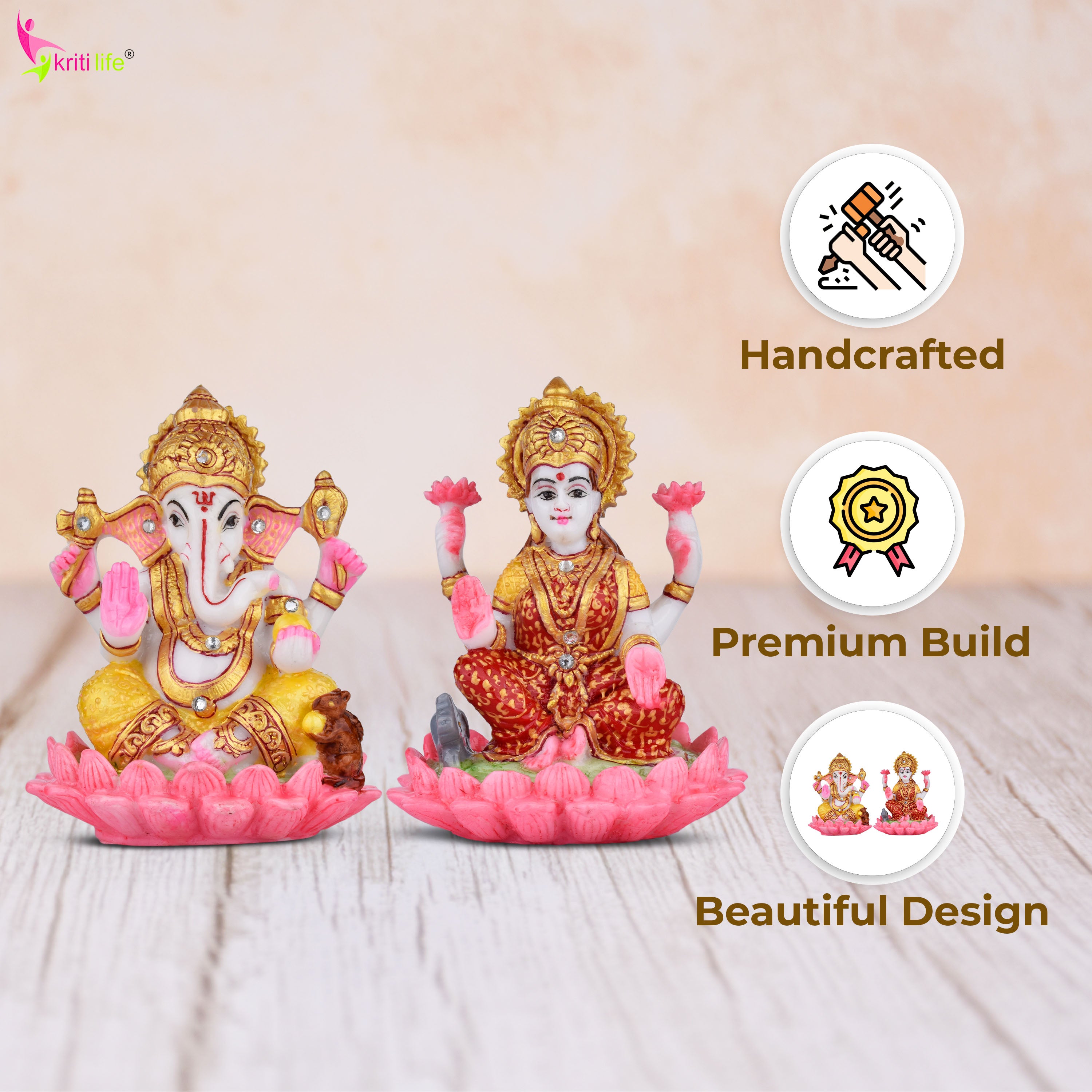 Laxmi Ganesh Sitting On Lotus Marble Idol 7 Inch