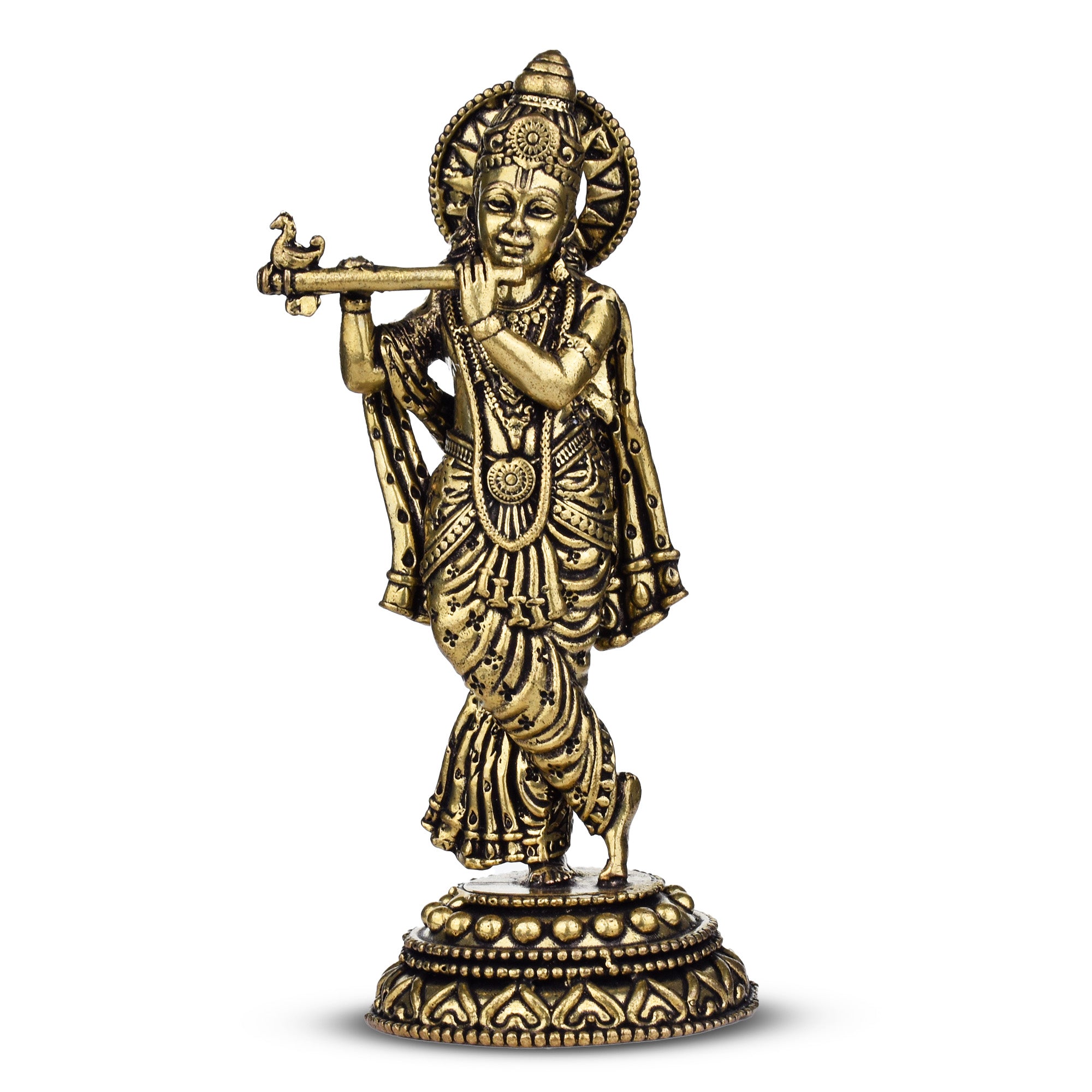 Handcrafted Brass Krishna Idol Playing Flute | 4.5 inches | Lord Krishna Statue for Home &amp; Temple