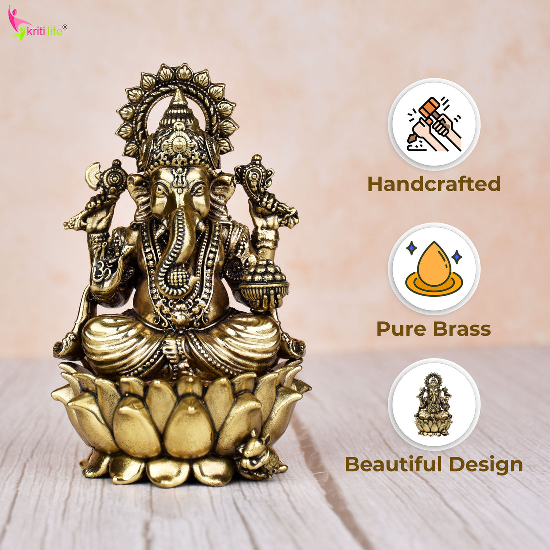 Brass Lord Ganesha Idol | Handcrafted  Brass Ganpati Murti Sitting on Lotus 5 inches for Home Temple, Office Decor & Gift