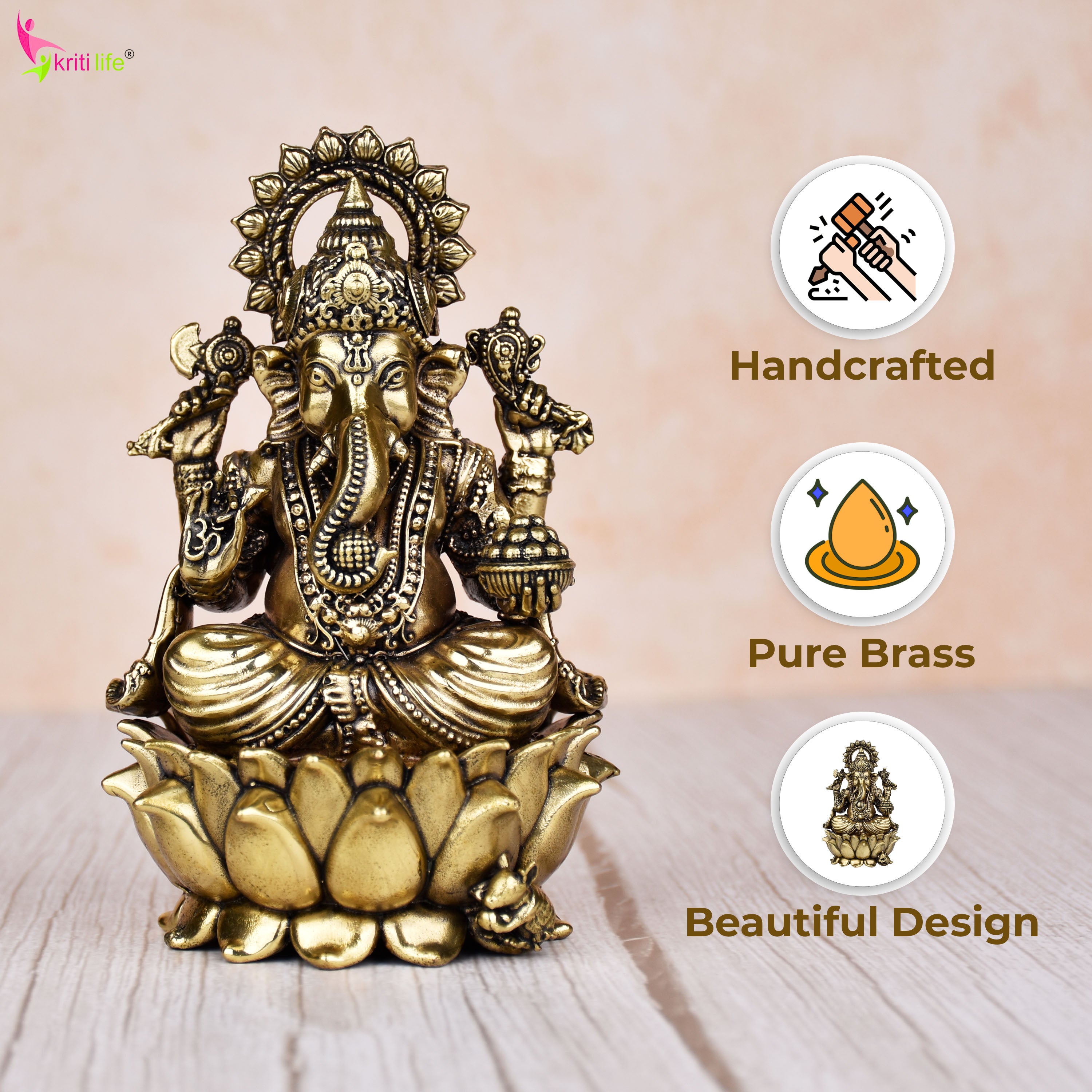 Brass Lord Ganesha Idol | Handcrafted  Brass Ganpati Murti Sitting on Lotus 5 inches for Home Temple, Office Decor & Gift