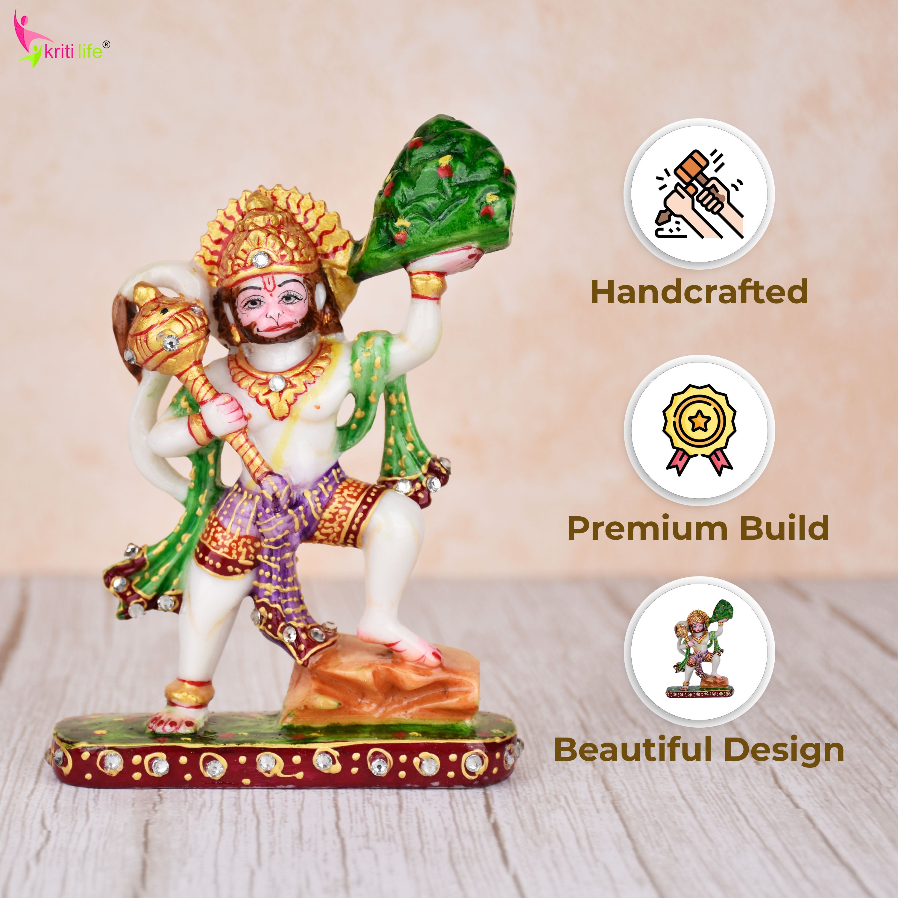 Lord Hanuman Idol – Marble Dust Statue 6 inches with Sanjeevani Mountain and Mace