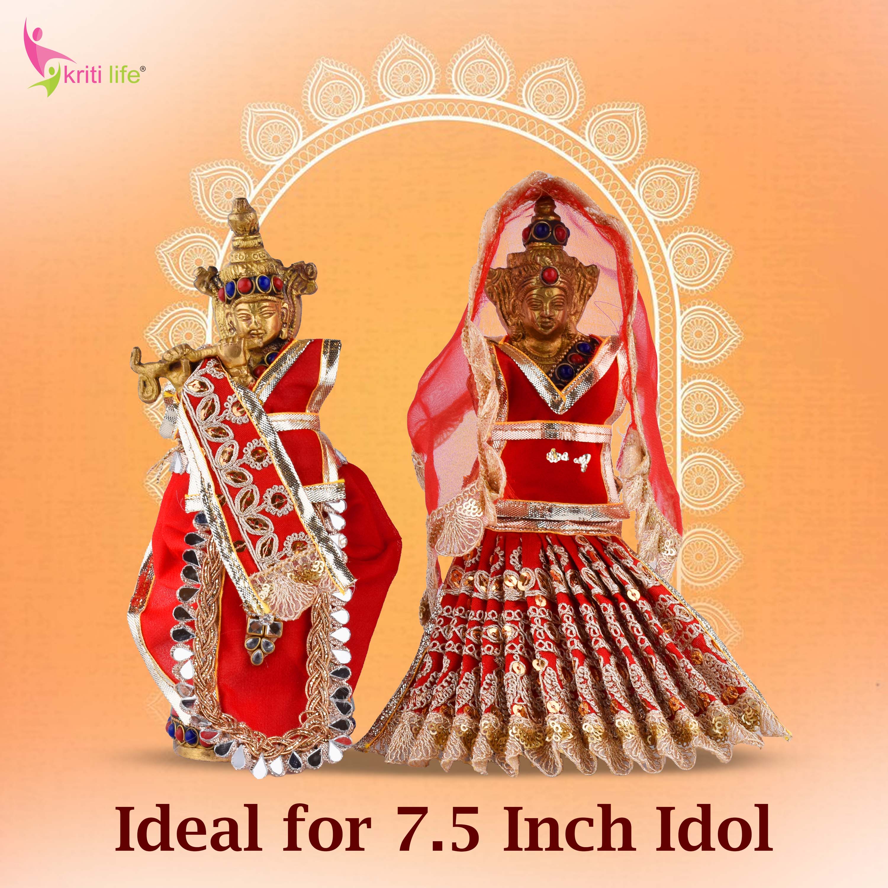 Red Radha Krishna Dress Set for 7.5 Inch Idol – Traditional Embroidered Vastra with Golden Lace