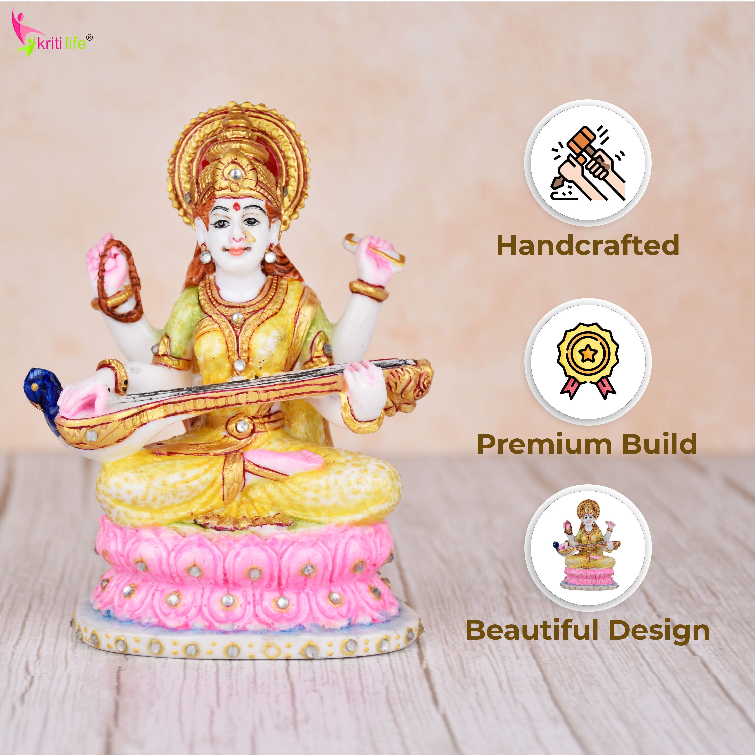 Goddess Saraswati Idol | 5 inches | – Handcrafted Marble Dust Elegant Decorative Statue for Home & Study Room