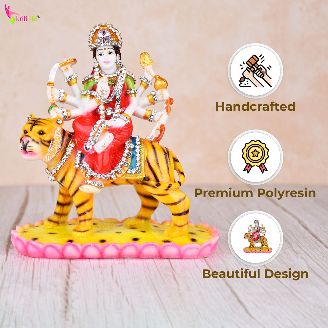 Goddess Durga Idol on Tiger – Polyresin Statue with Decorative Stones for Home Temple & Navratri | 7 inches
