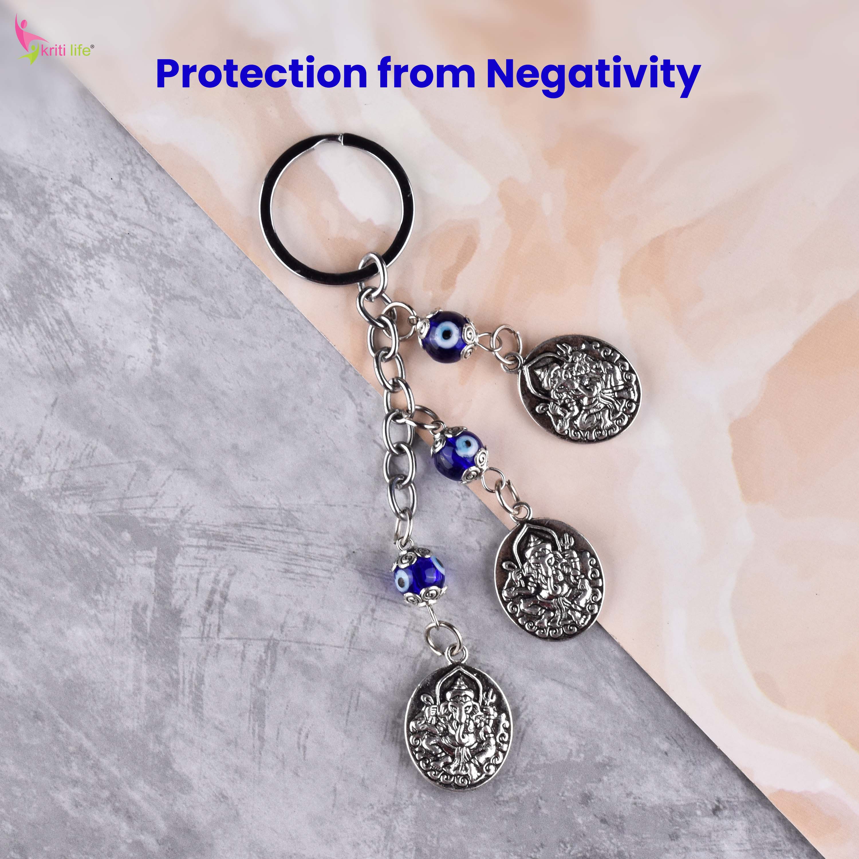Ganesh Evil Eye Keychain | Nazar Suraksha with Ganpati Charms & Blue Protection Beads-13 cm Hight