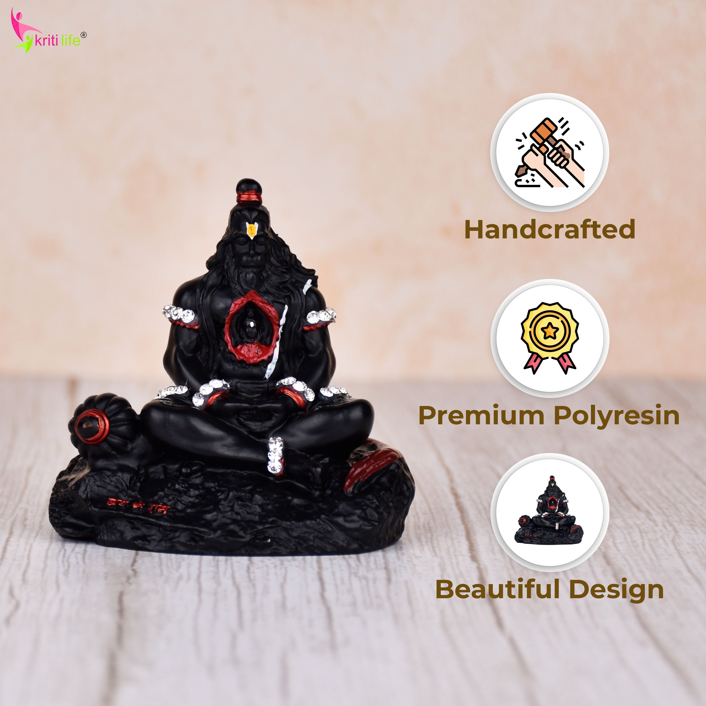 Lord Hanuman Idol – Devotional Black Statue Meditation - Shri Ram Inside Chest – Polyresin Statue - 3 inches