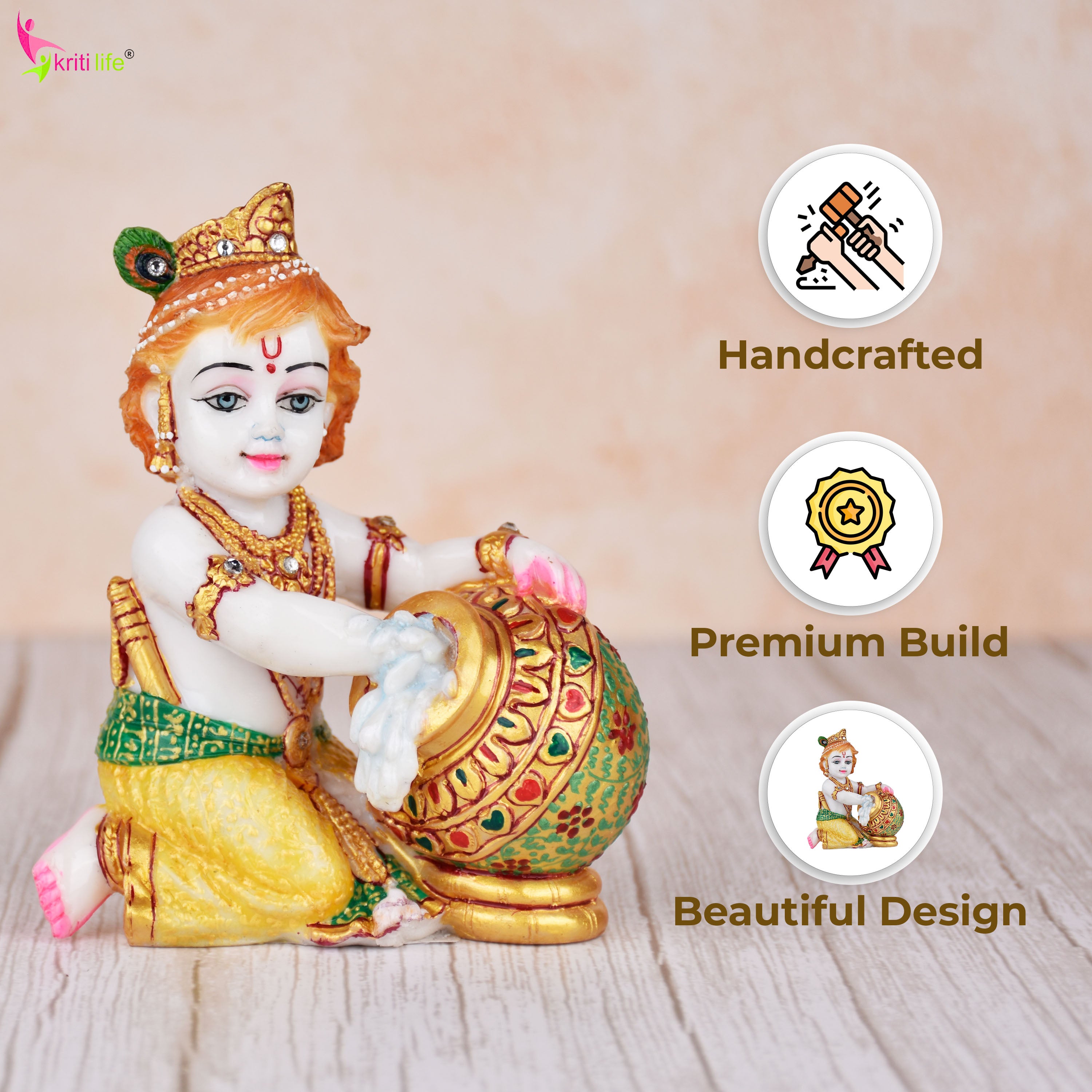 Bal Krishna Idol | 4.5 inches | – Marble Dust Makhan Chor Murti for Home Décor & Pooja