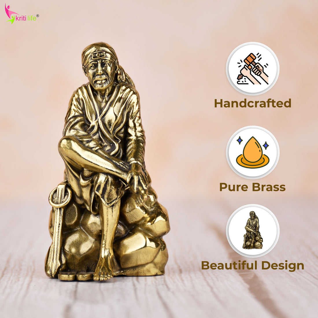 Brass Sai Baba Idol – Sitting Pose Statue for Home Mandir & Spiritual Décor |Small size| 3 inches