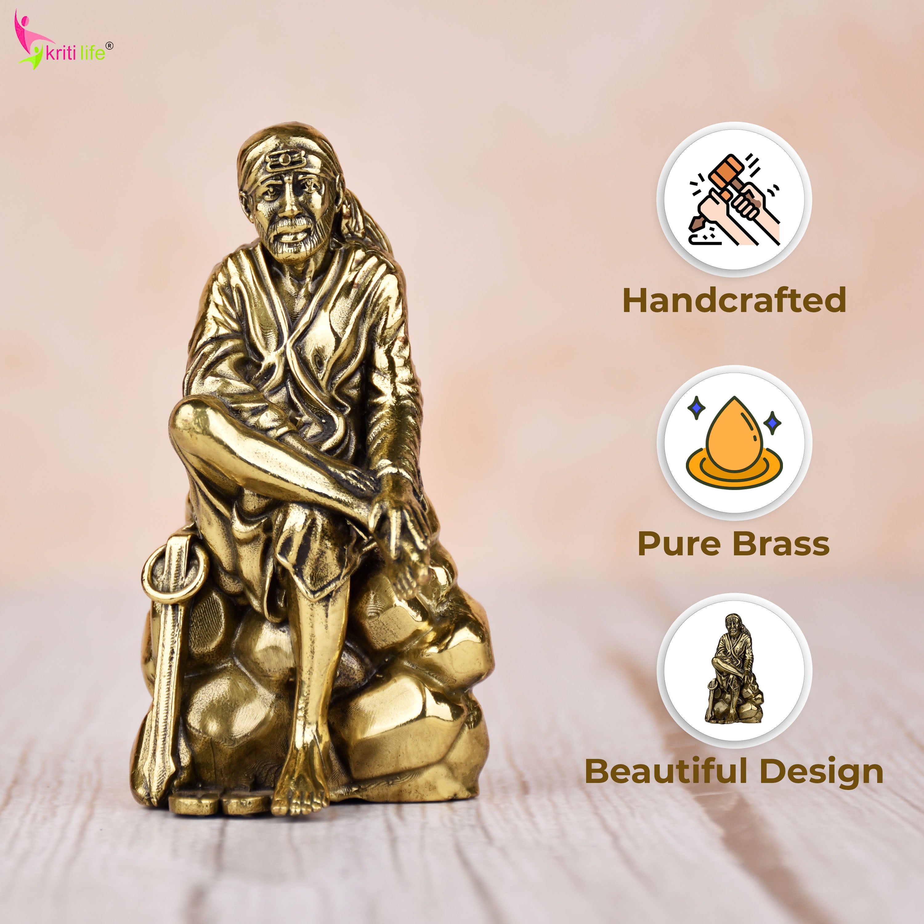 Brass Sai Baba Idol – Sitting Pose Statue for Home Mandir & Spiritual Décor |Small size| 3 inches