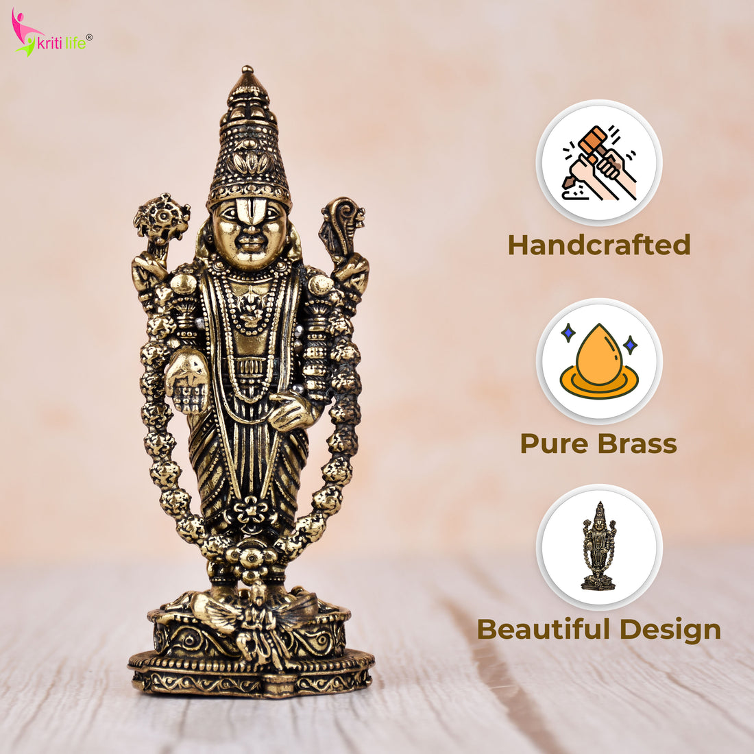 Brass Lord Venkateswara Idol – Handcrafted Balaji Statue 4 inches for Home Temple & Wealth Blessings