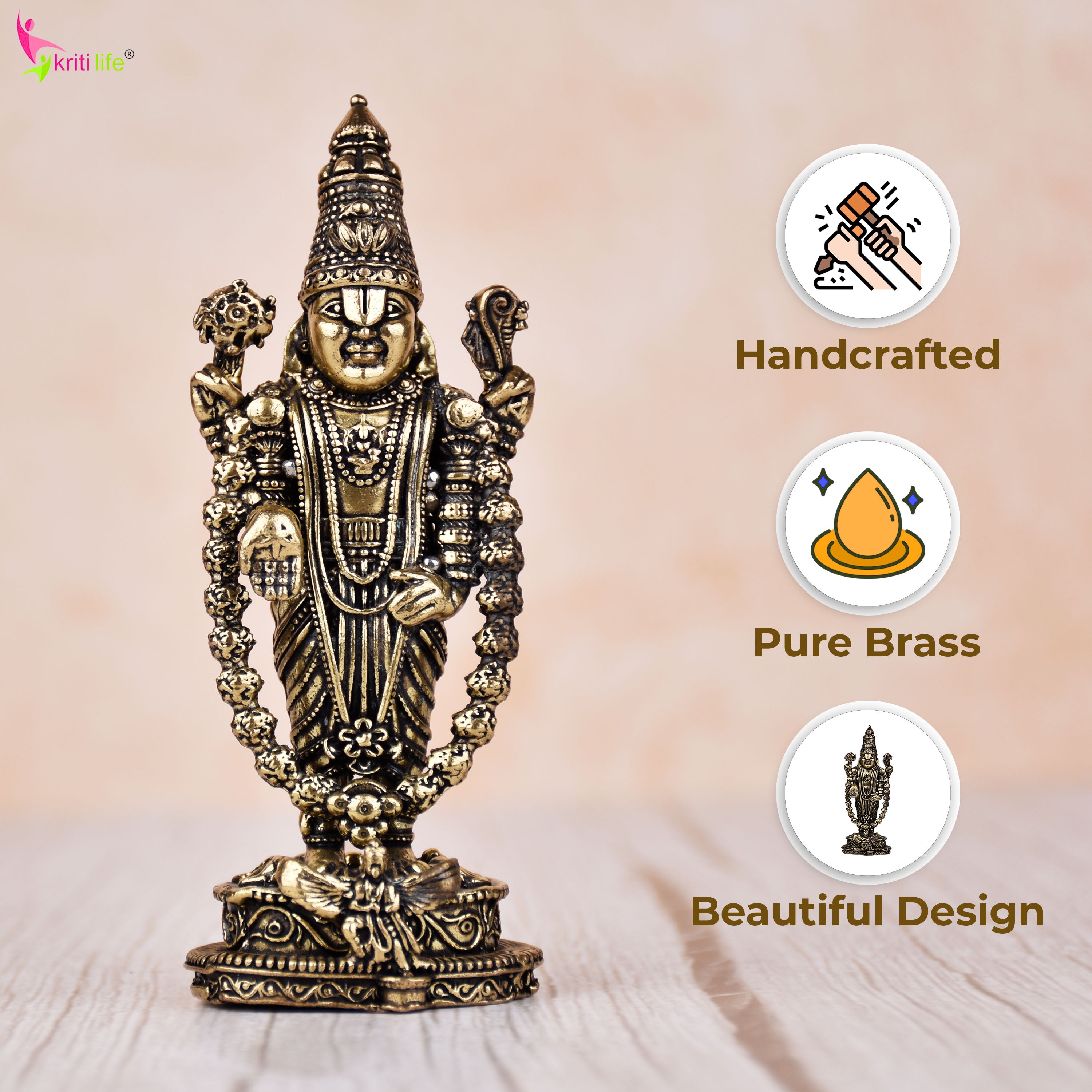 Brass Lord Venkateswara Idol – Handcrafted Balaji Statue 4 inches for Home Temple & Wealth Blessings