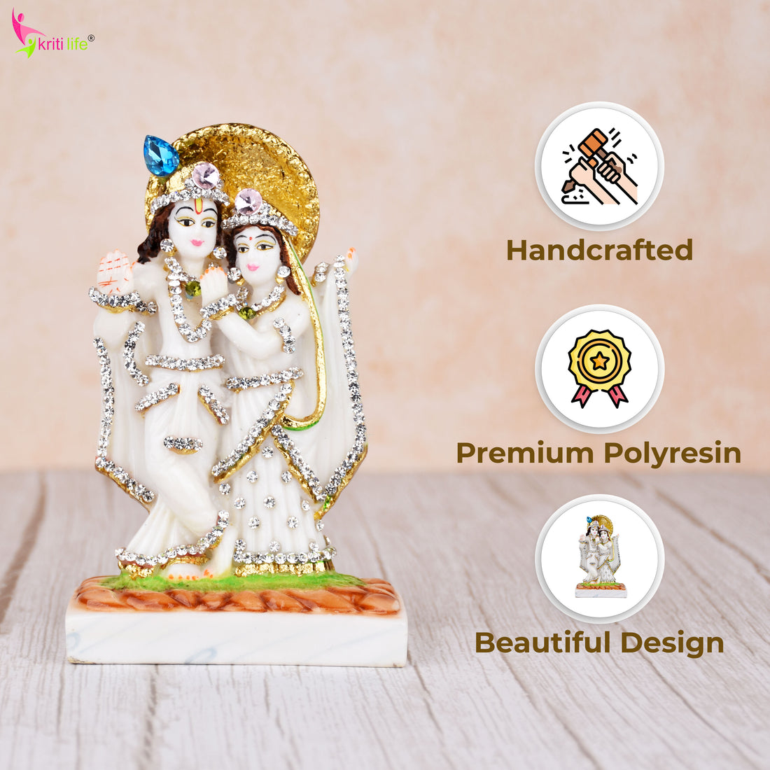 Radha Krishna Idol – Polyresin Statue 6 inches with Stone Work for Home Décor & Mandir