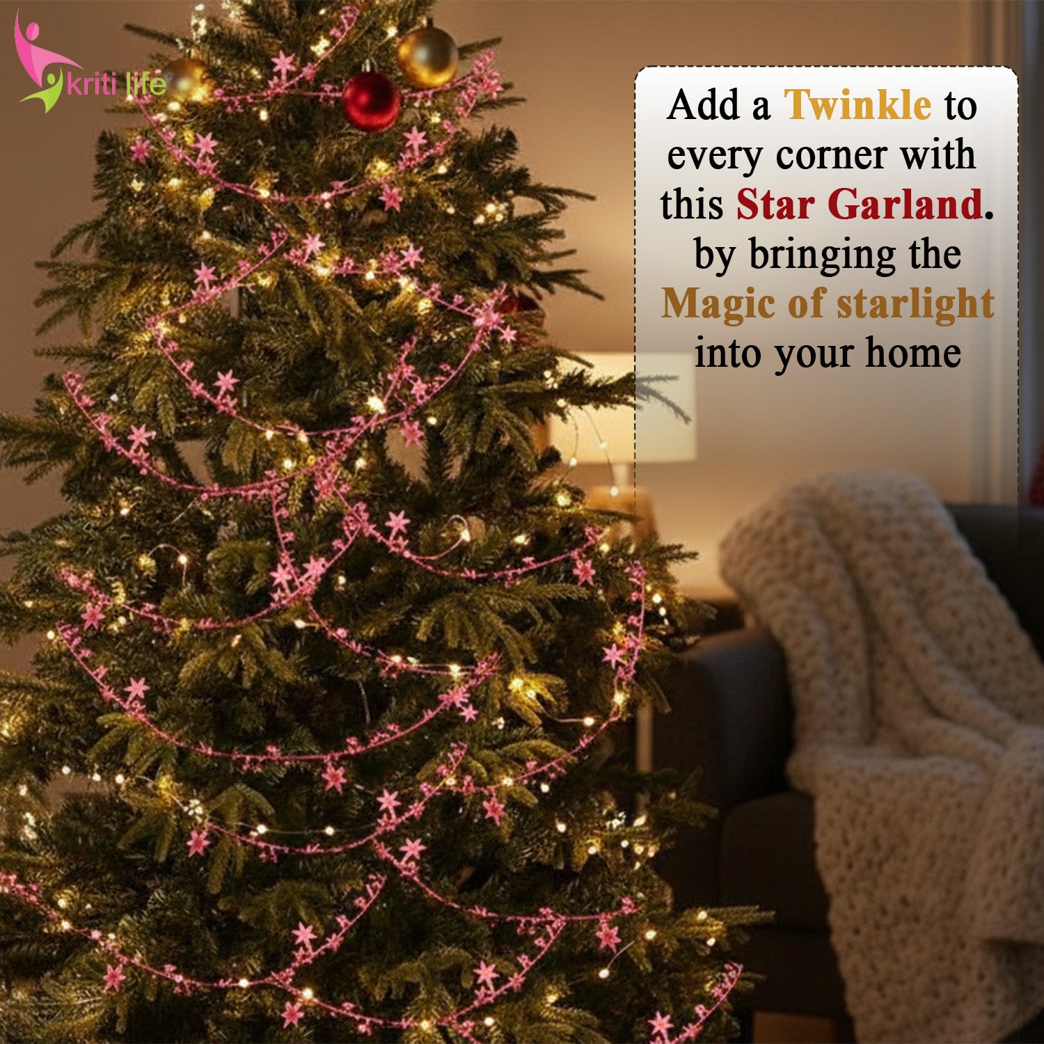 Metallic Star Garland for Christmas Tree & Home Décor – Red / Silver