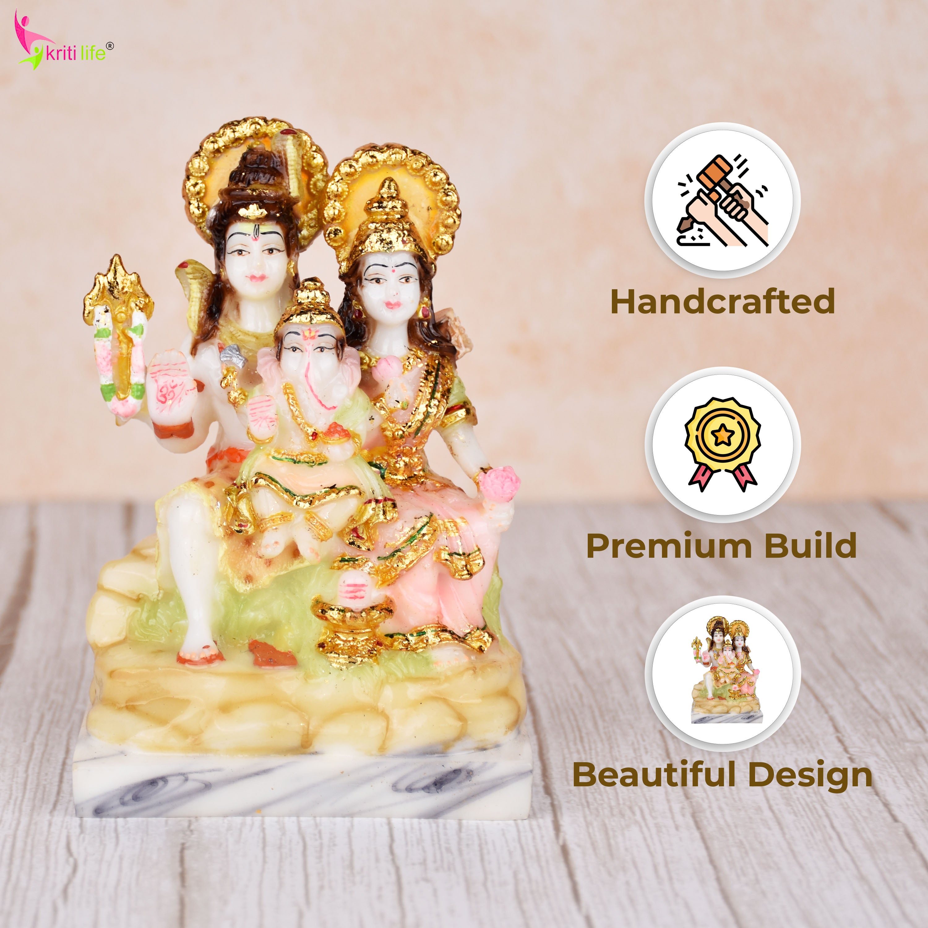 Shiva Parivar Idol | Lord Shiva, Parvati & Ganesha Statue in Poliresin – 5 inches - Multicolor Finish