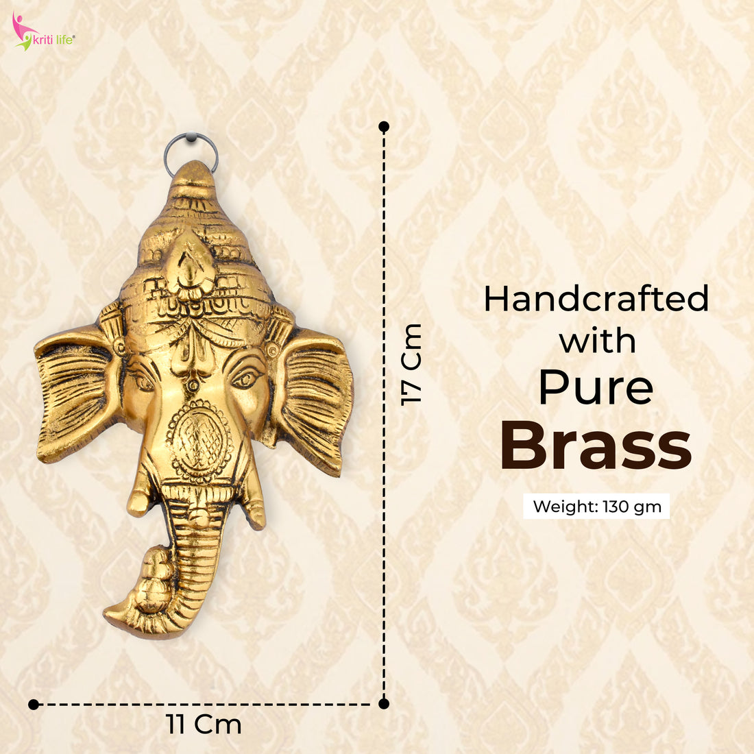 Brass Ganesha Wall Mount | Ethnic Ganpati Face for Home & Office Decor- 7 inches