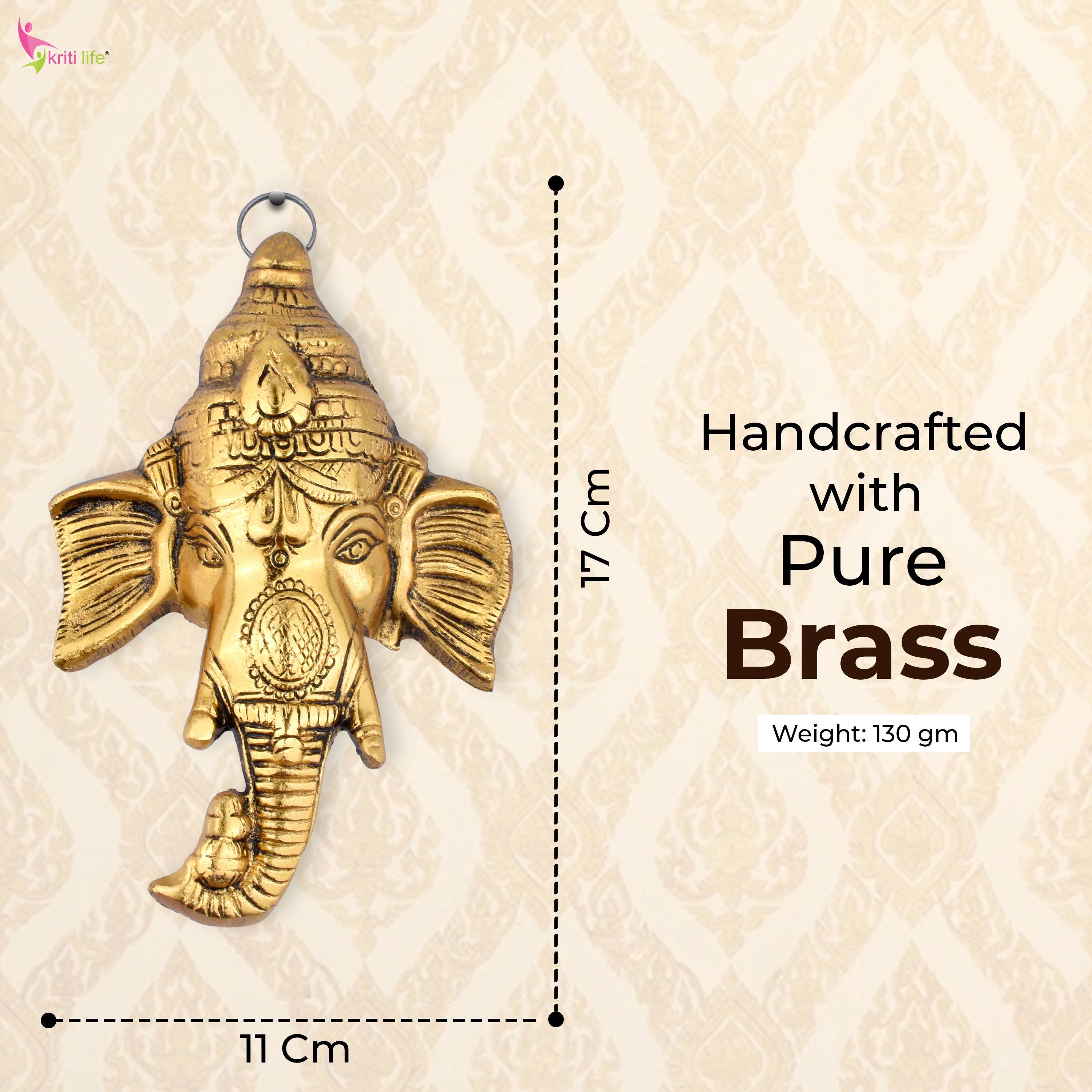 Brass Ganesha Wall Mount | Ethnic Ganpati Face for Home & Office Decor- 7 inches