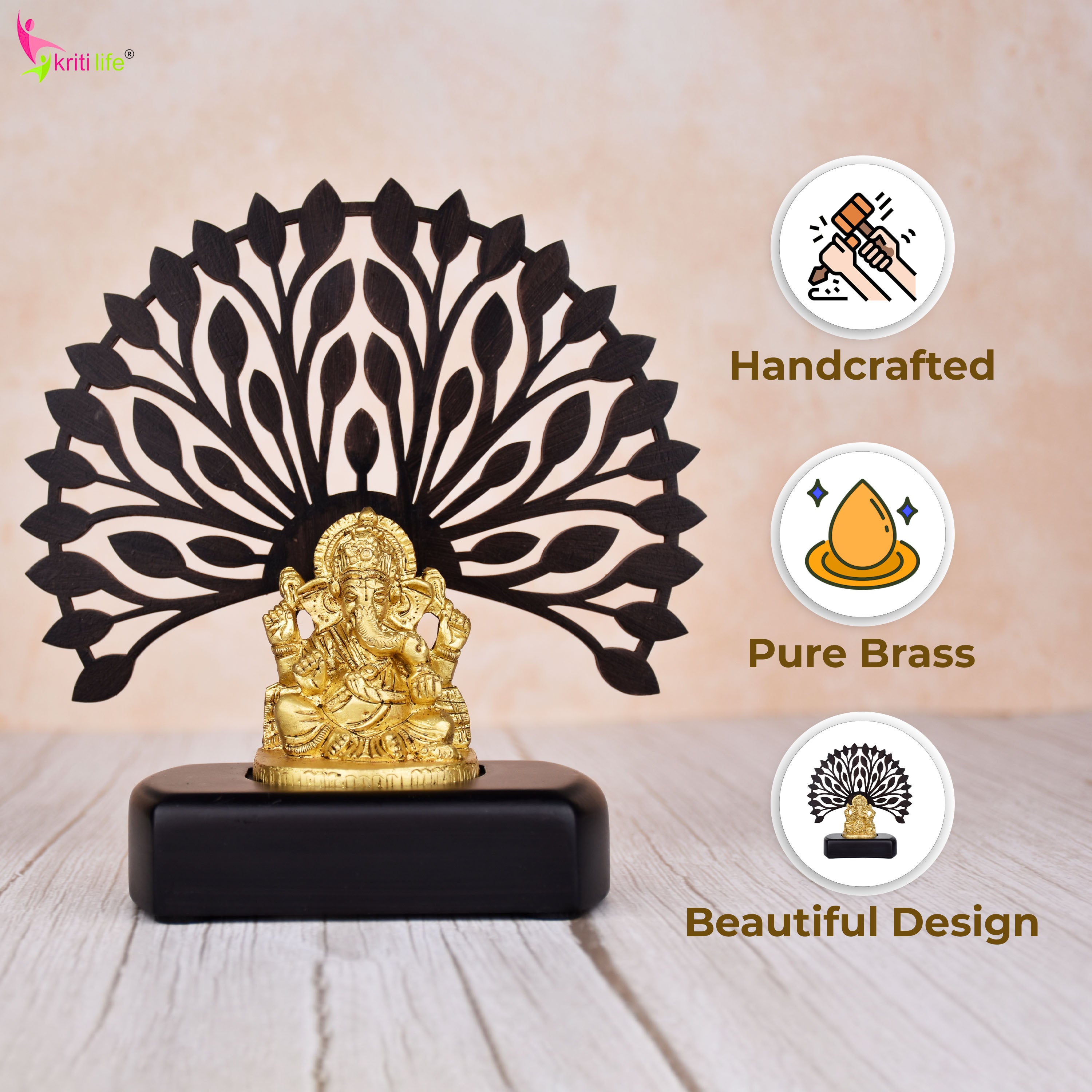 Brass Lord Ganesha Idol with Wooden Tree Backdrop – | 6  inches | Decorative Showpiece for Home & Office