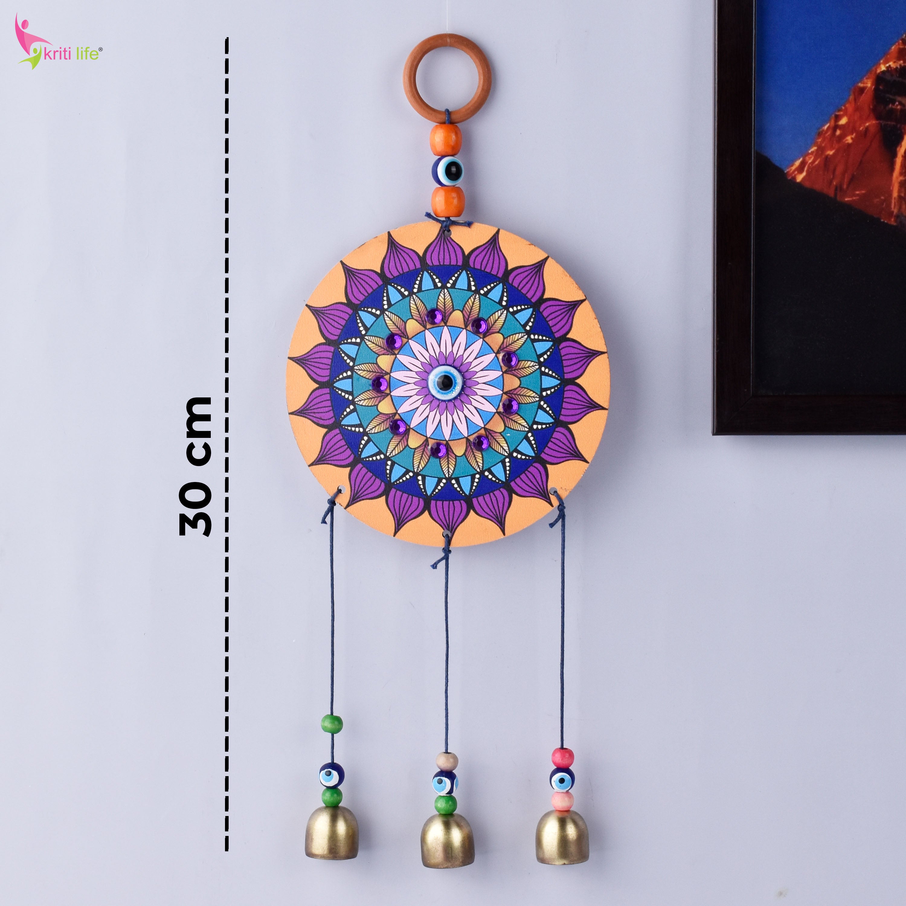 Evil Eye Hanging with Mandala Design | Wall Hanging with Bells for Positive Energy & Home Decor- 30 cm Hight