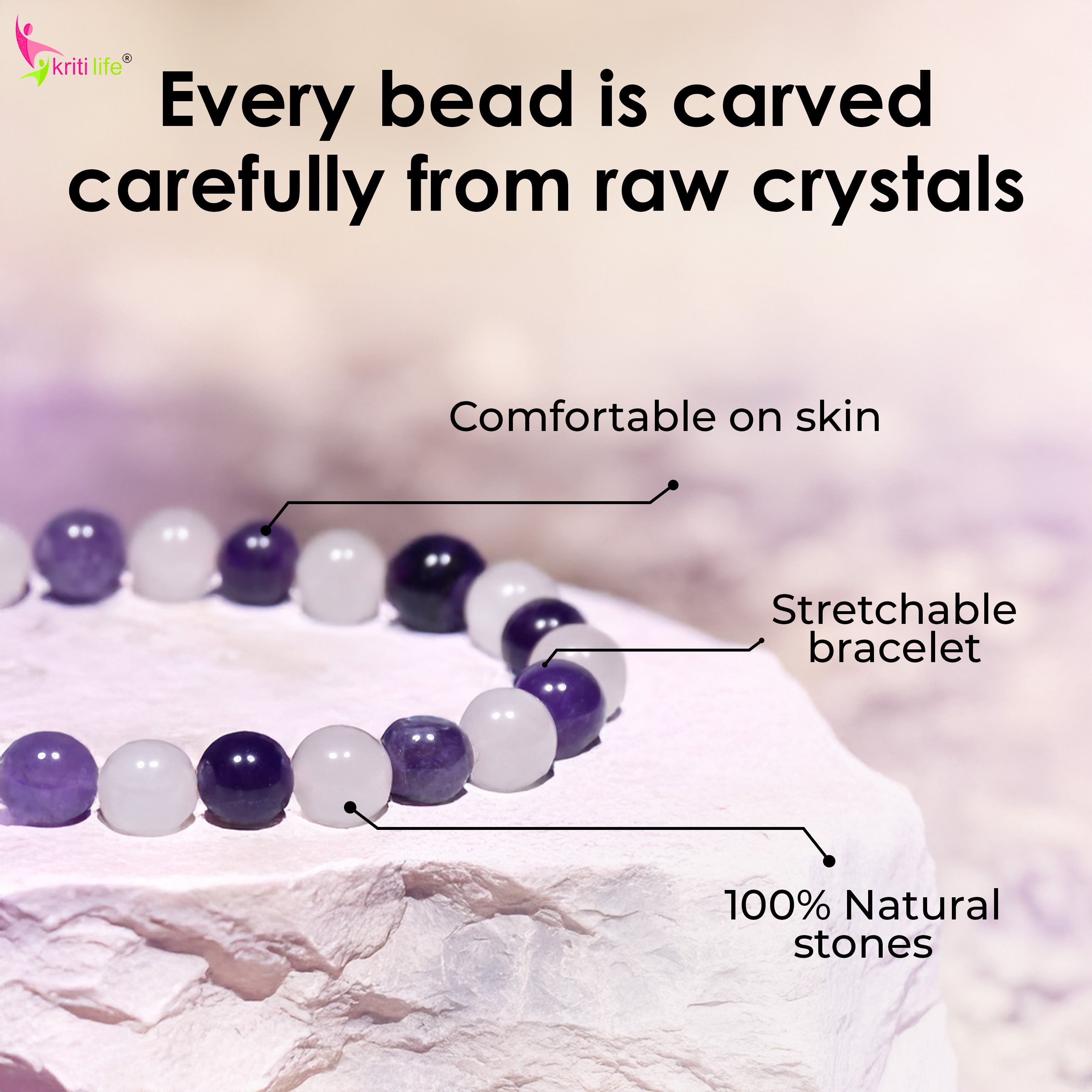 Natural Amethyst  & Rose Quartz Crystal Stone Bracelet 8mm