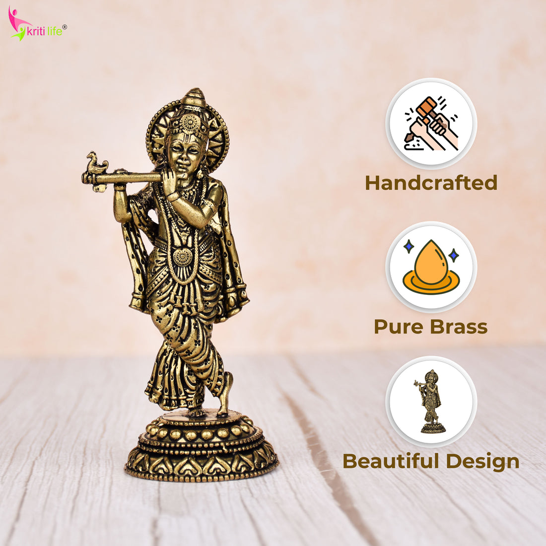 Handcrafted Brass Krishna Idol Playing Flute | 4.5 inches | Lord Krishna Statue for Home &amp; Temple