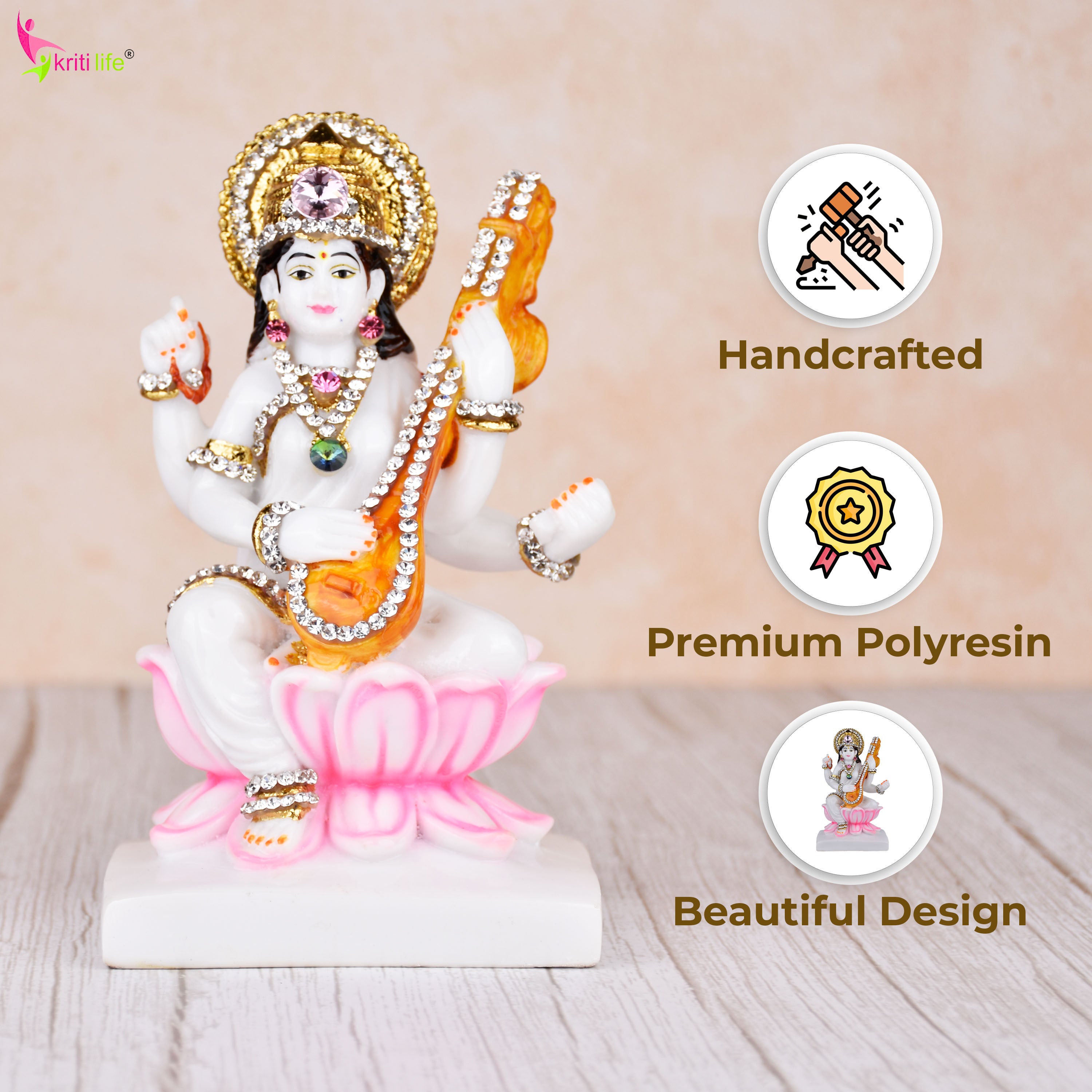Goddess Saraswati Idol Sitting on Lotus with Veena – Polyresin  Decorative Murti for Home & Office - 6.5 inches