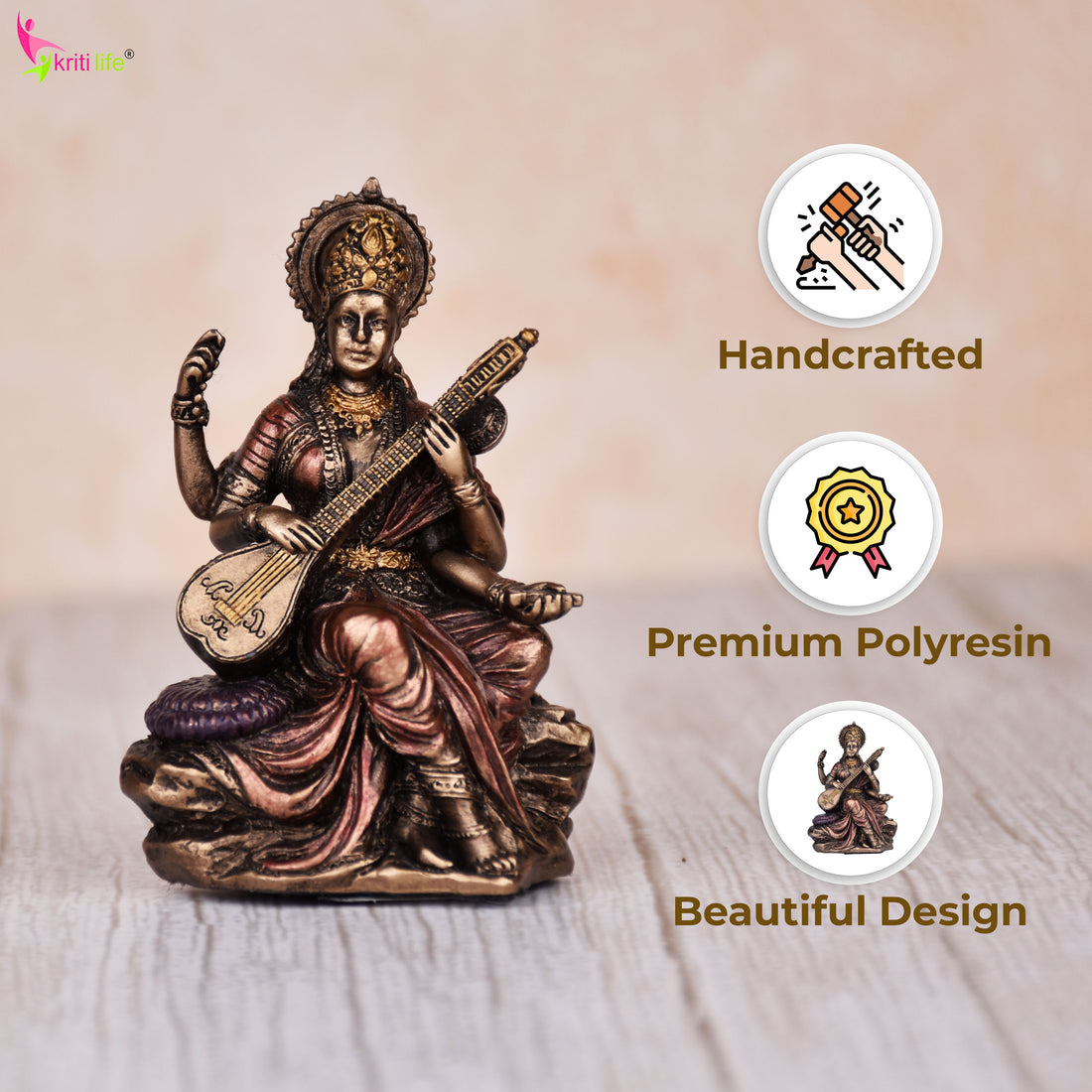 Saraswati Idol – 3  inches - Mini Polyresin Goddess Statue for Study & Home Décor