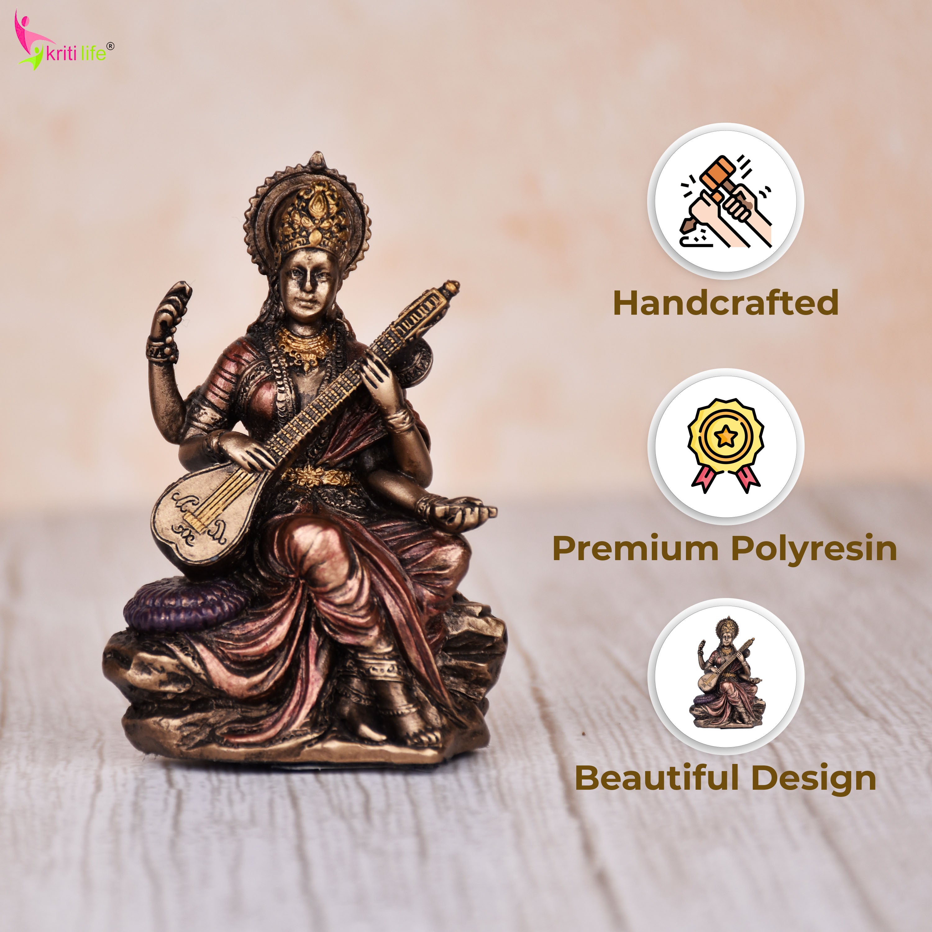 Saraswati Idol – 3  inches - Mini Polyresin Goddess Statue for Study & Home Décor