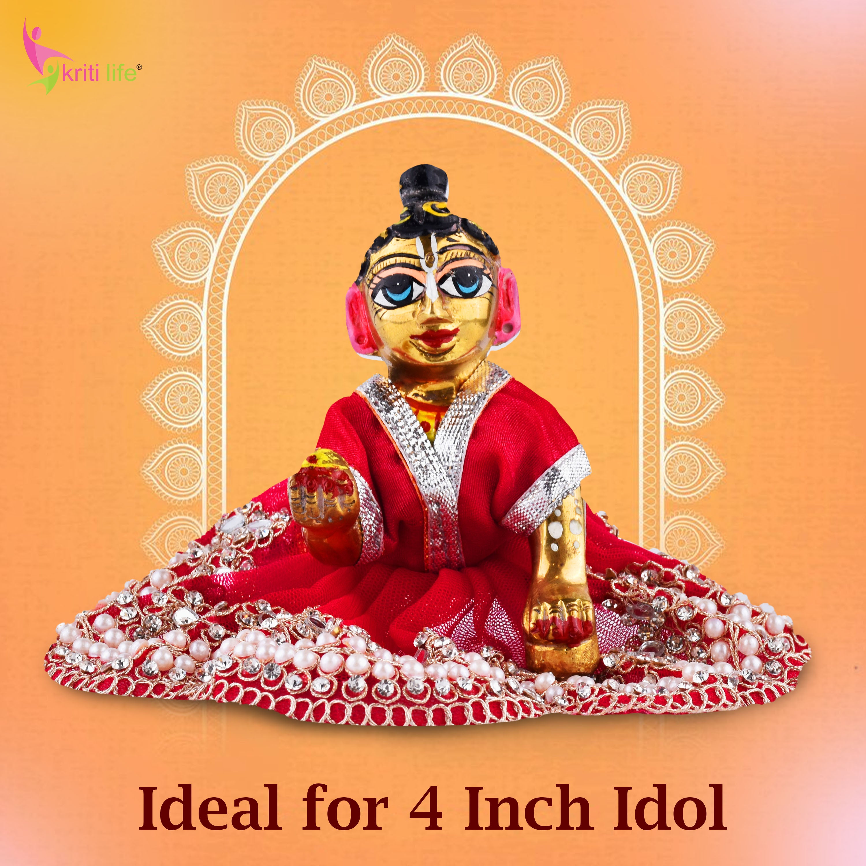 Royal Red Laddu Gopal Dress for 4 Inch Idol – Pearl & Stone Work Designer Poshak