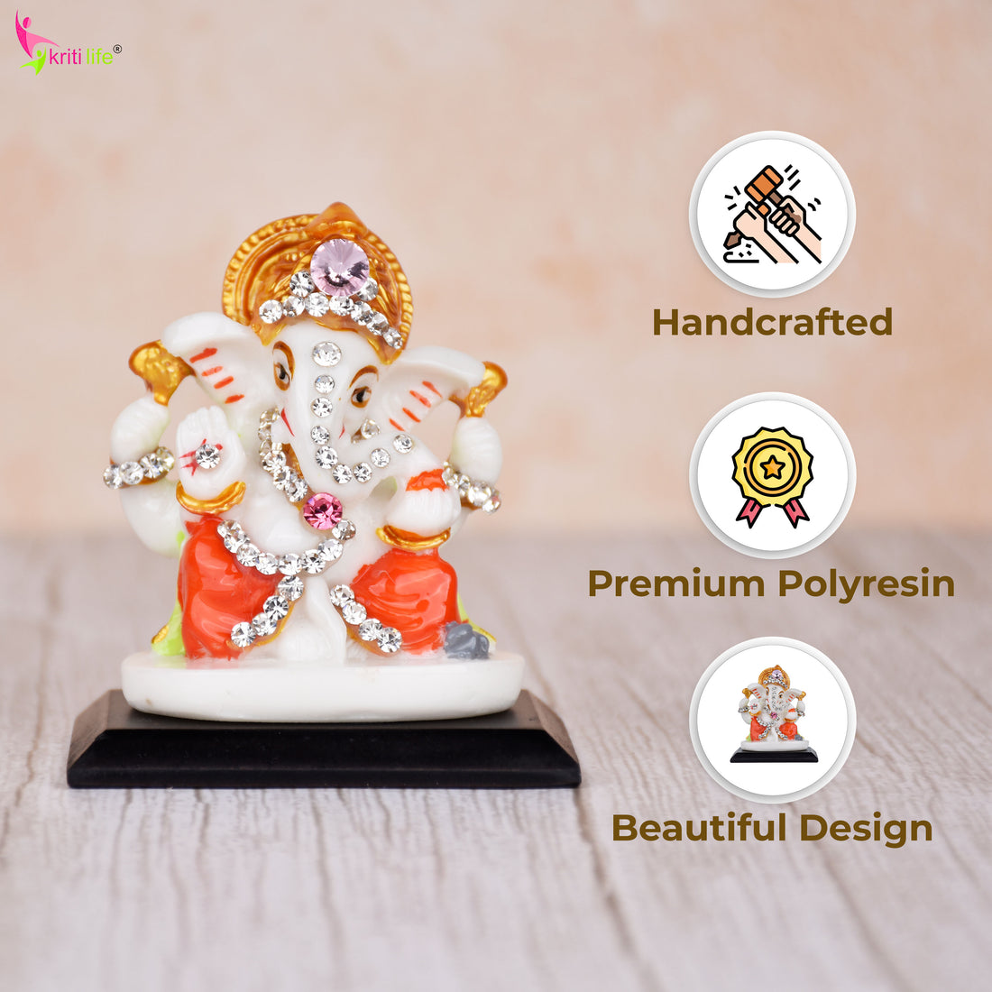 Lord Ganesha Idol with Crown & Orange Attire – Polyresin 2.5 inches Decorative Statue with Diamond Work