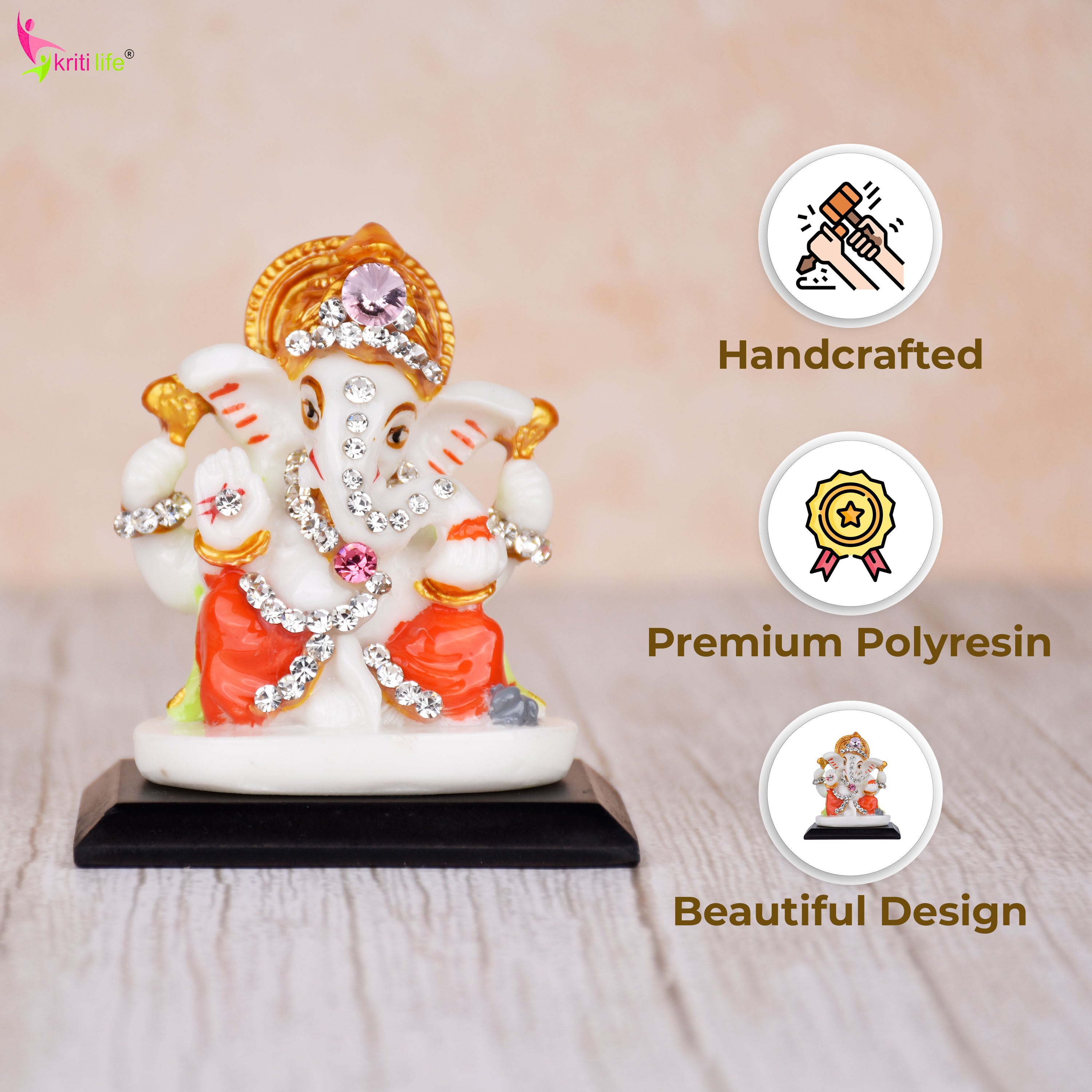 Lord Ganesha Idol with Crown & Orange Attire – Polyresin 2.5 inches Decorative Statue with Diamond Work