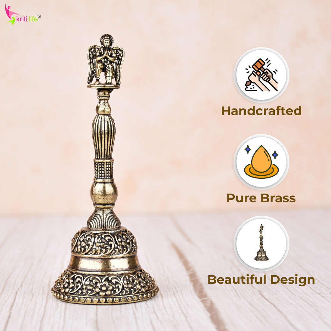 Handcrafted Brass Pooja Bell with Lord Garuda Handle | 5 inches | Traditional Temple Ghanti