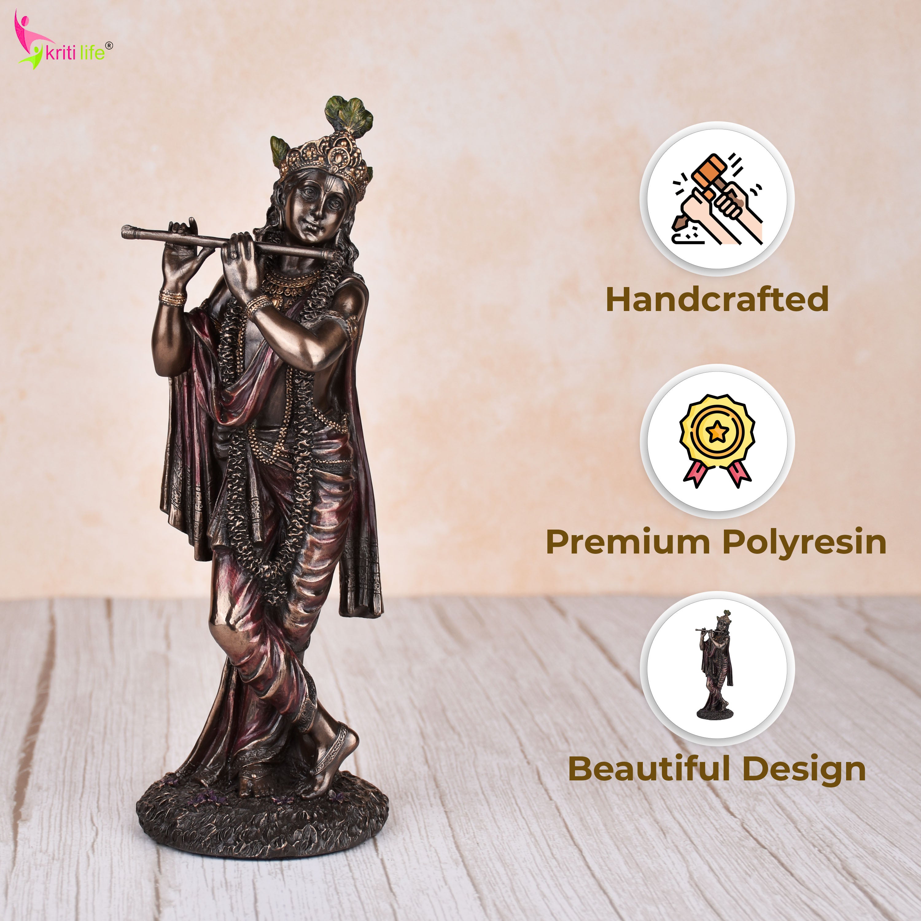 Lord Krishna Flute Idol | 10 inches | – Polystone Statue with Antique Finish for Home Temple & Gift