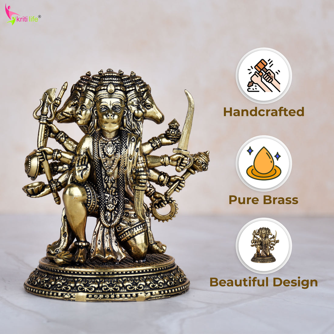 Brass Panchamukhi Hanuman Idol | Five-Faced Hanuman Statue 4 inches for Home Temple & Protection