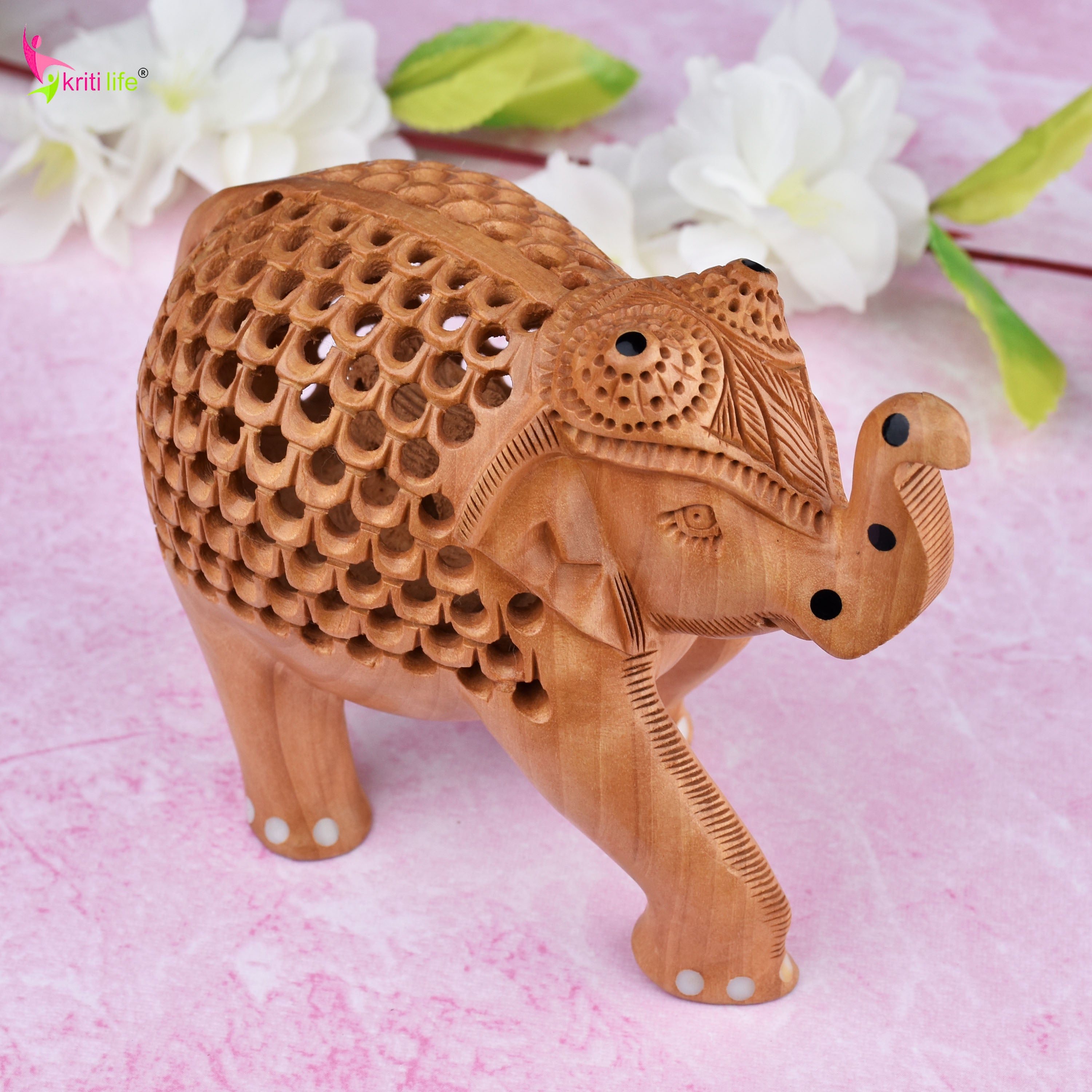 Handcrafted Wooden Jali Work Elephant | Baby Elephant Inside | Natural Wood Finish-5.5 inches