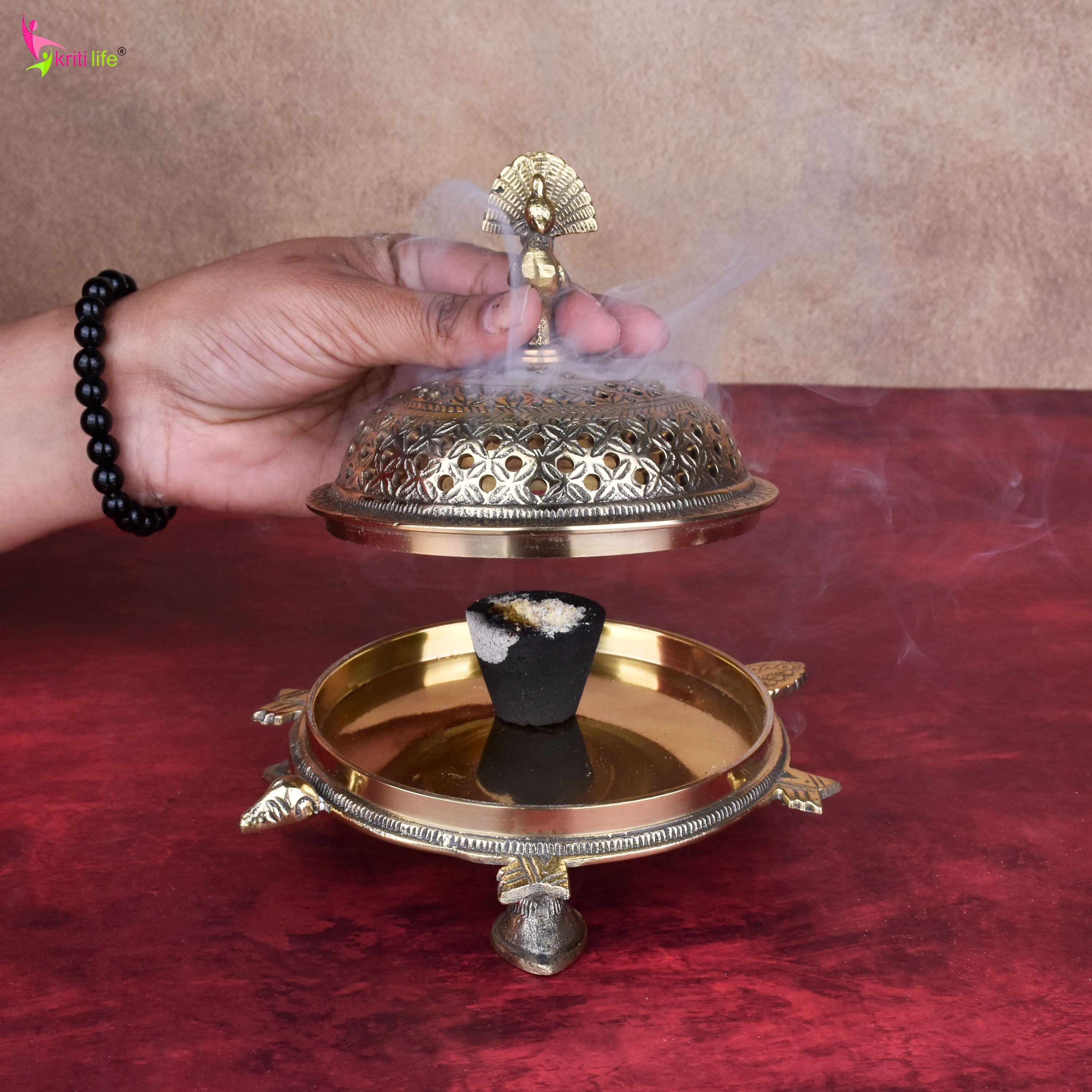 Handcrafted Brass Tortoise Dhupiya | Traditional Dhoop Burner with Peacock Lid | 7 inches