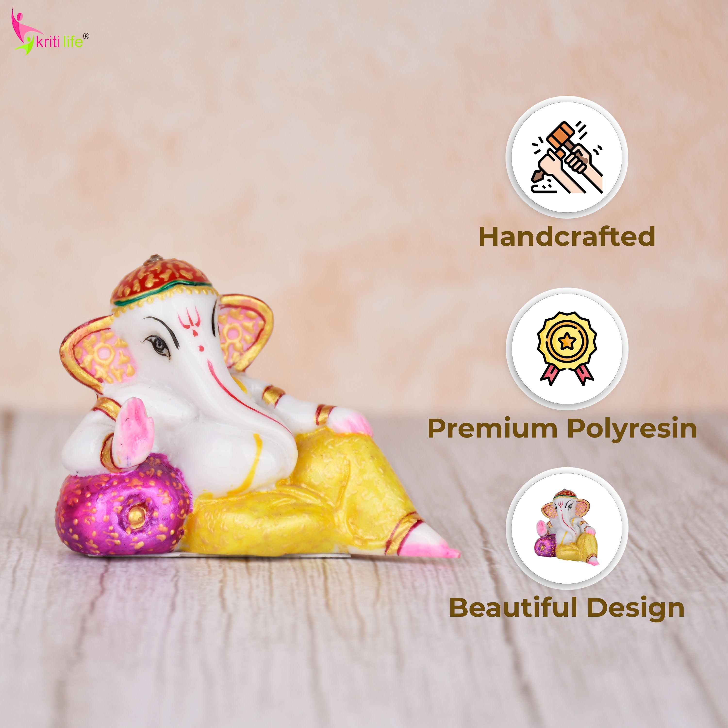 Divine Reclining Ganesha Idol – Premium Marble Dust Ganpati Figurine 3 inches for Pooja & Gifting