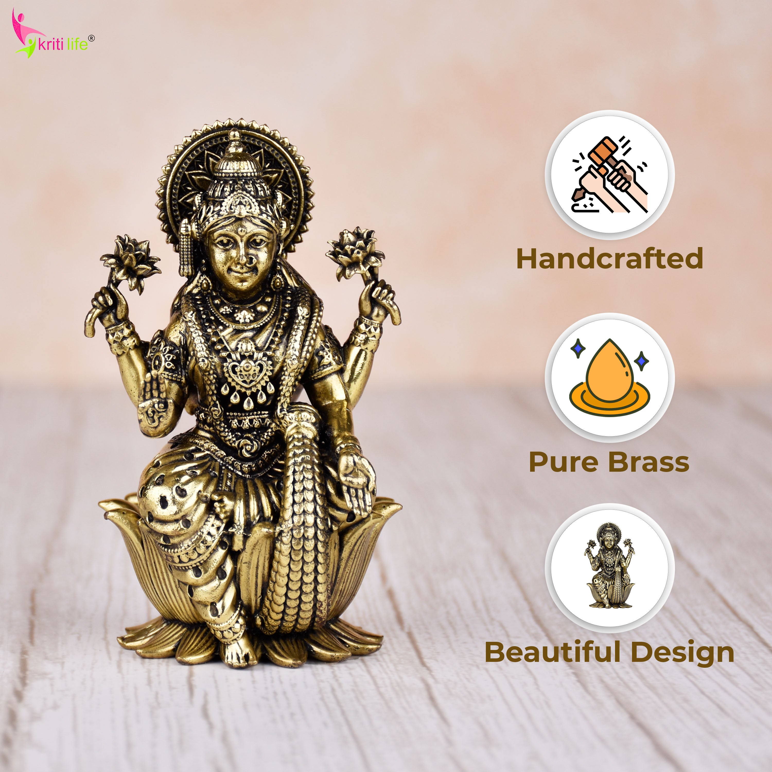 Brass Goddess Lakshmi Idol Sitting on Lotus – Antique Finish Statue 4 inches for Wealth & Prosperity