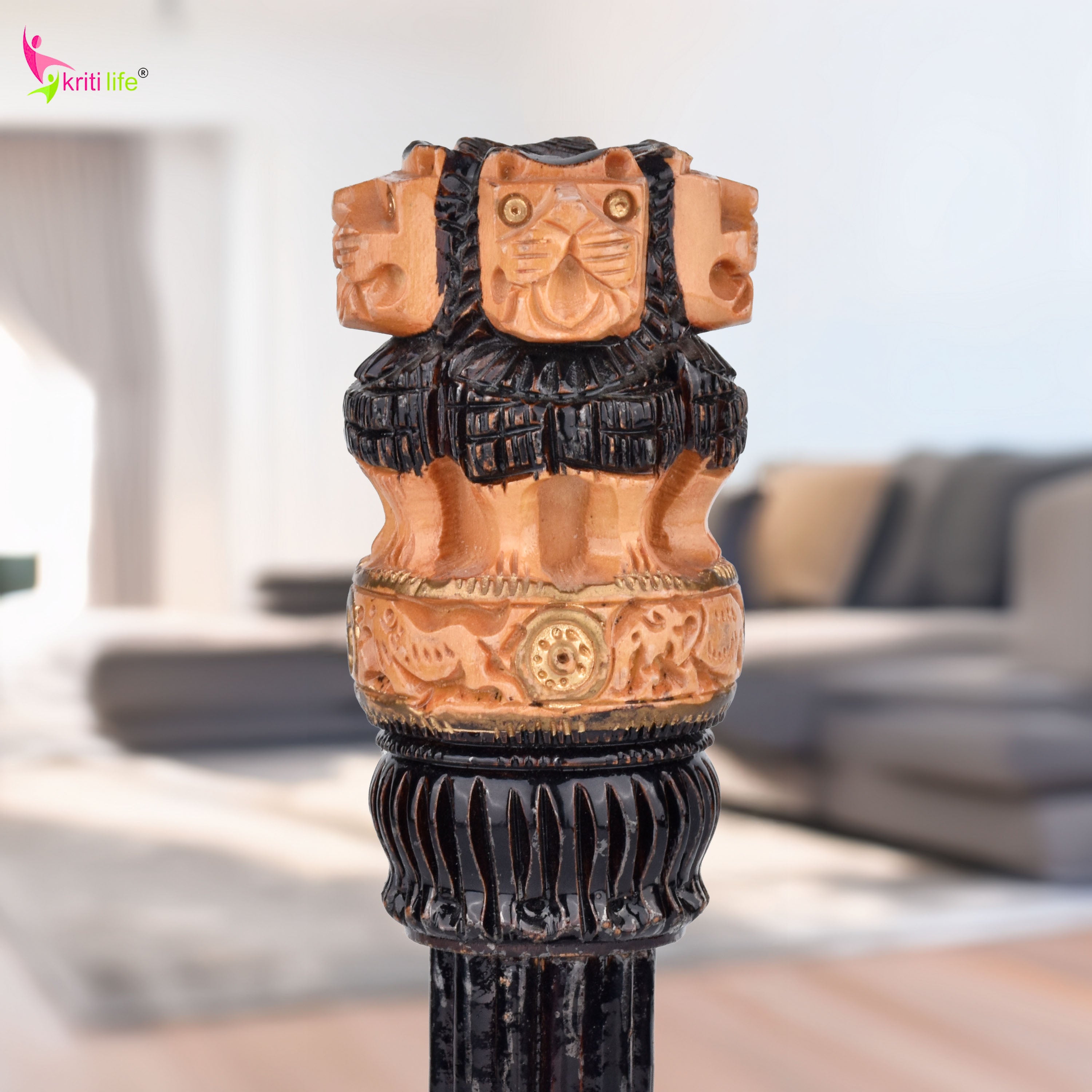 Wooden Ashok Stambh | National Emblem with Black & Natural Finish- 6 inches