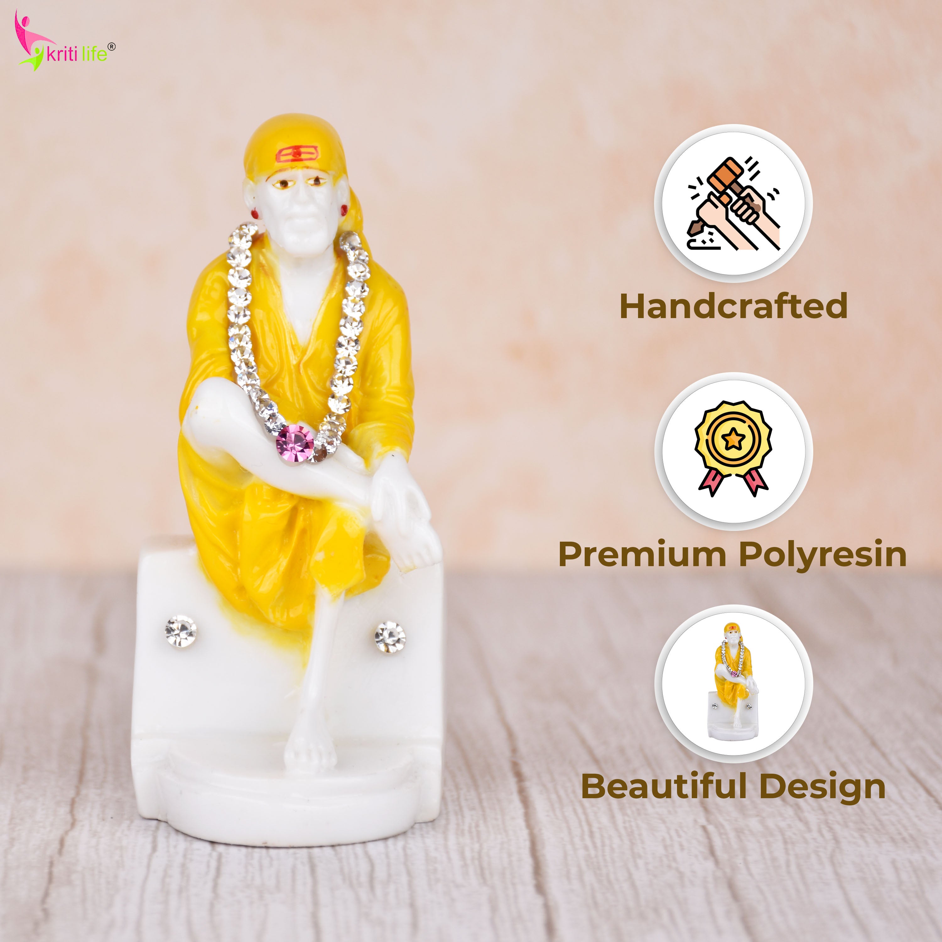 Shirdi Sai Baba Idol – 4 inches - Yellow Robe Polyresin Statue with Decorative Stone Garland