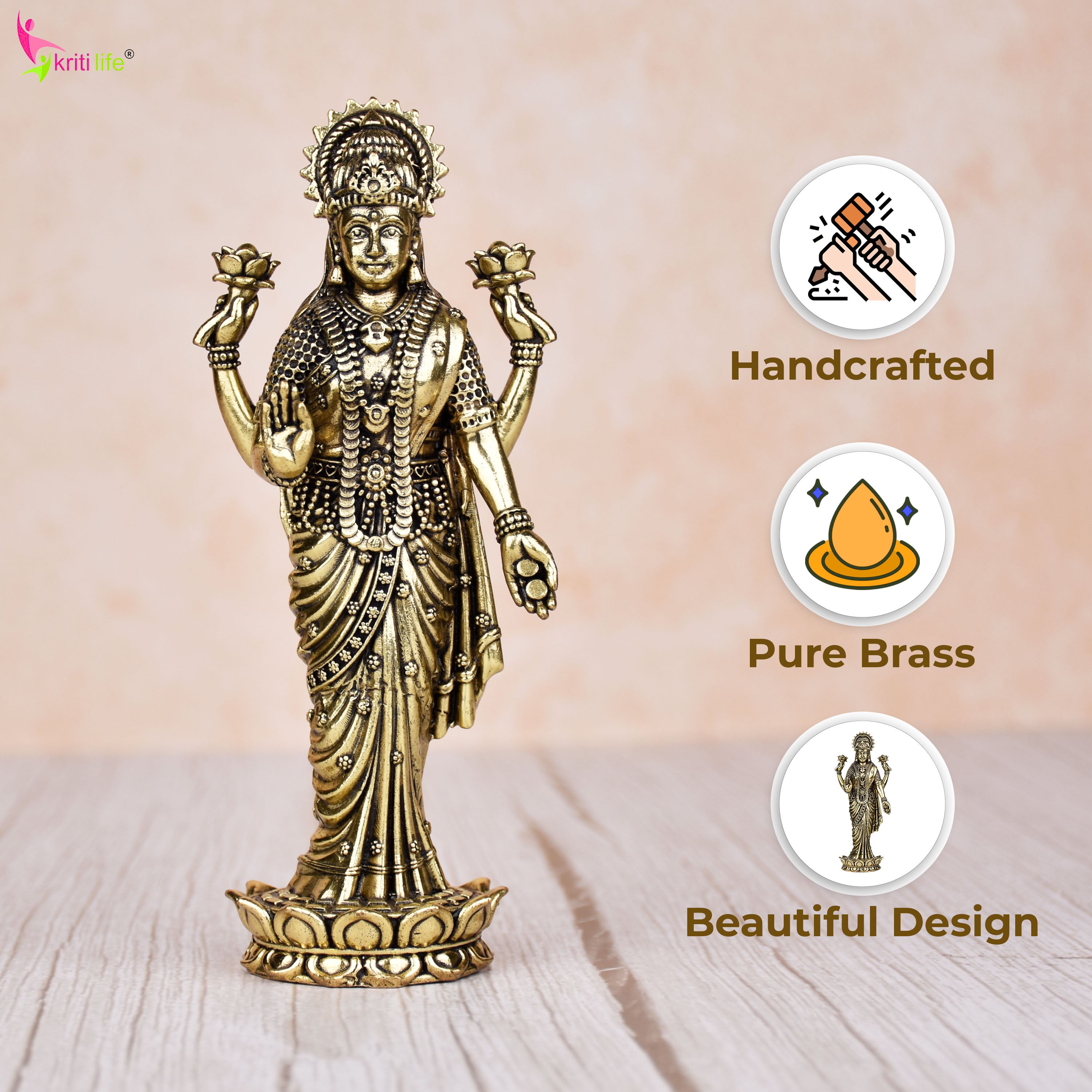 Brass Goddess Lakshmi Idol | 6 inches | for Pooja Room & Home Decor