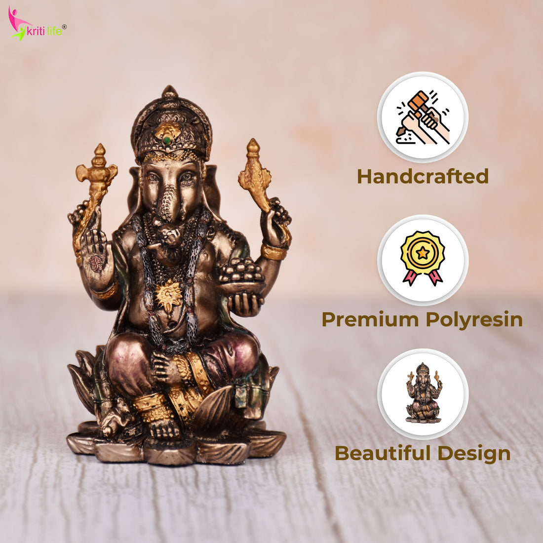 Antique Finish Lord Ganesha Idol in Polyresin – Ganpati Statue 3 inches for Pooja, Home & Office Décor