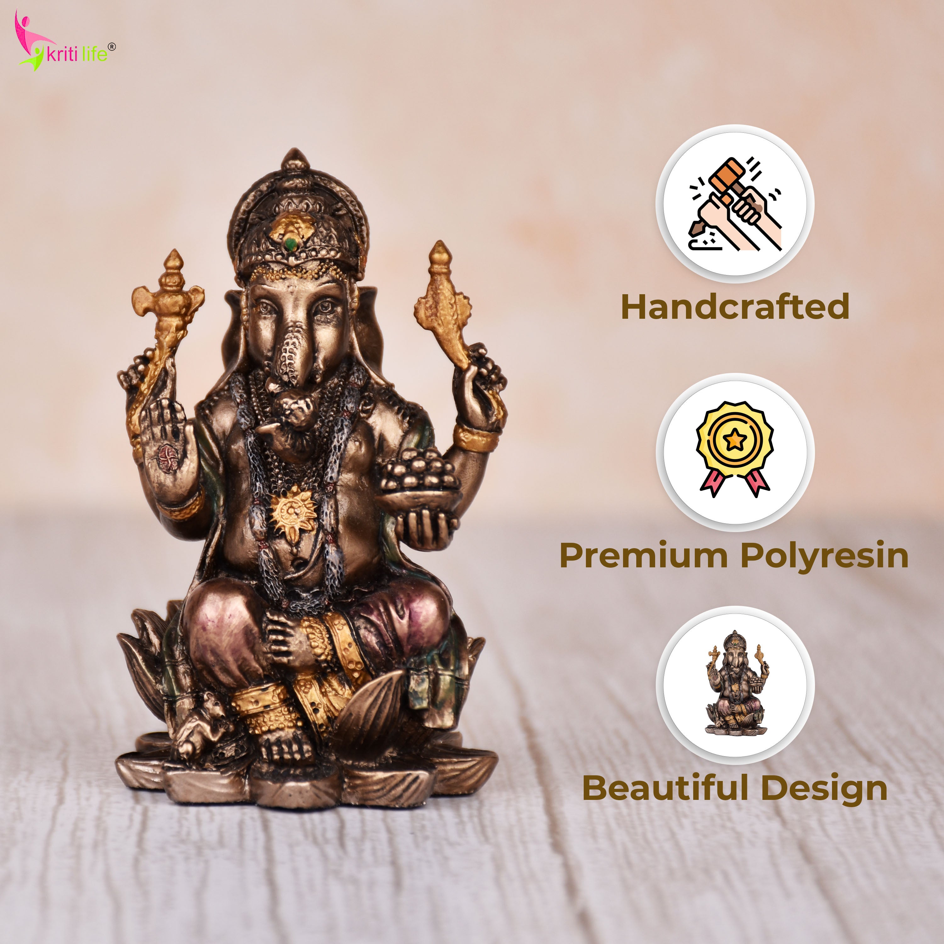 Antique Finish Lord Ganesha Idol in Polyresin – Ganpati Statue 3 inches for Pooja, Home & Office Décor
