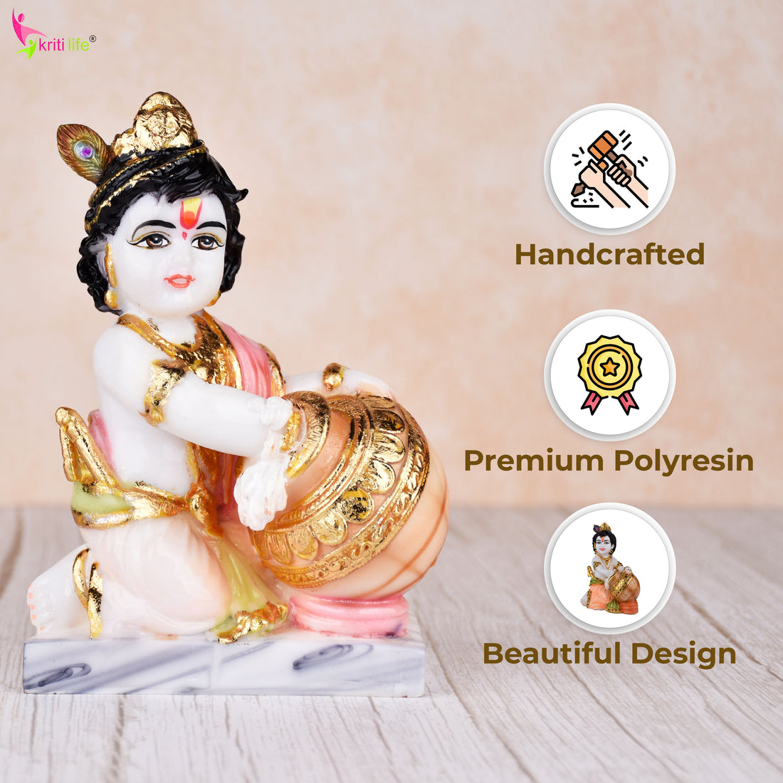 Makhan Chor Krishna Idol 7 inches – Polyresin Decorative Statue for Home Temple & Gifting
