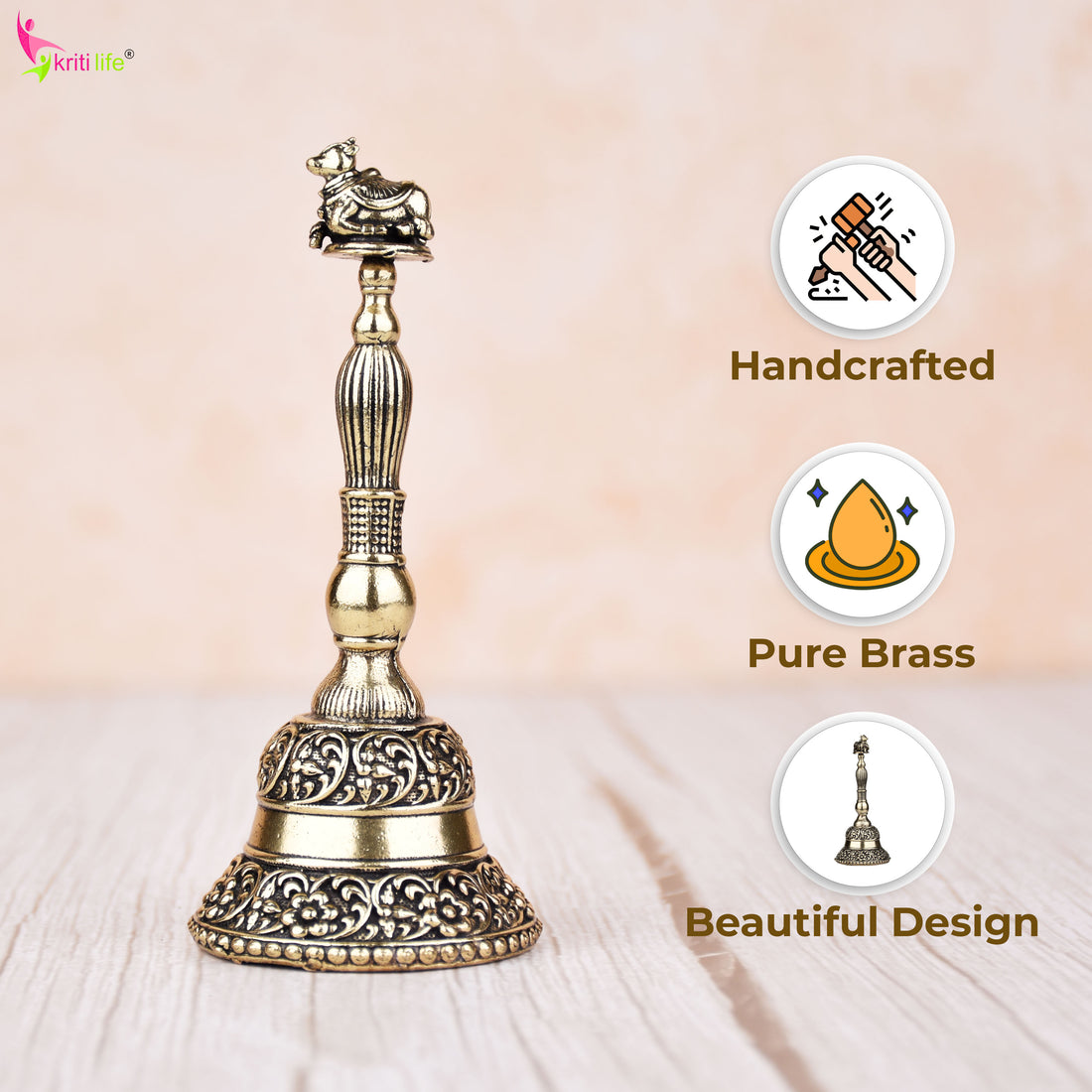Handcrafted Brass Pooja Bell with Nandi Handle | 4 inches | Temple Ghanti for Daily Aarti