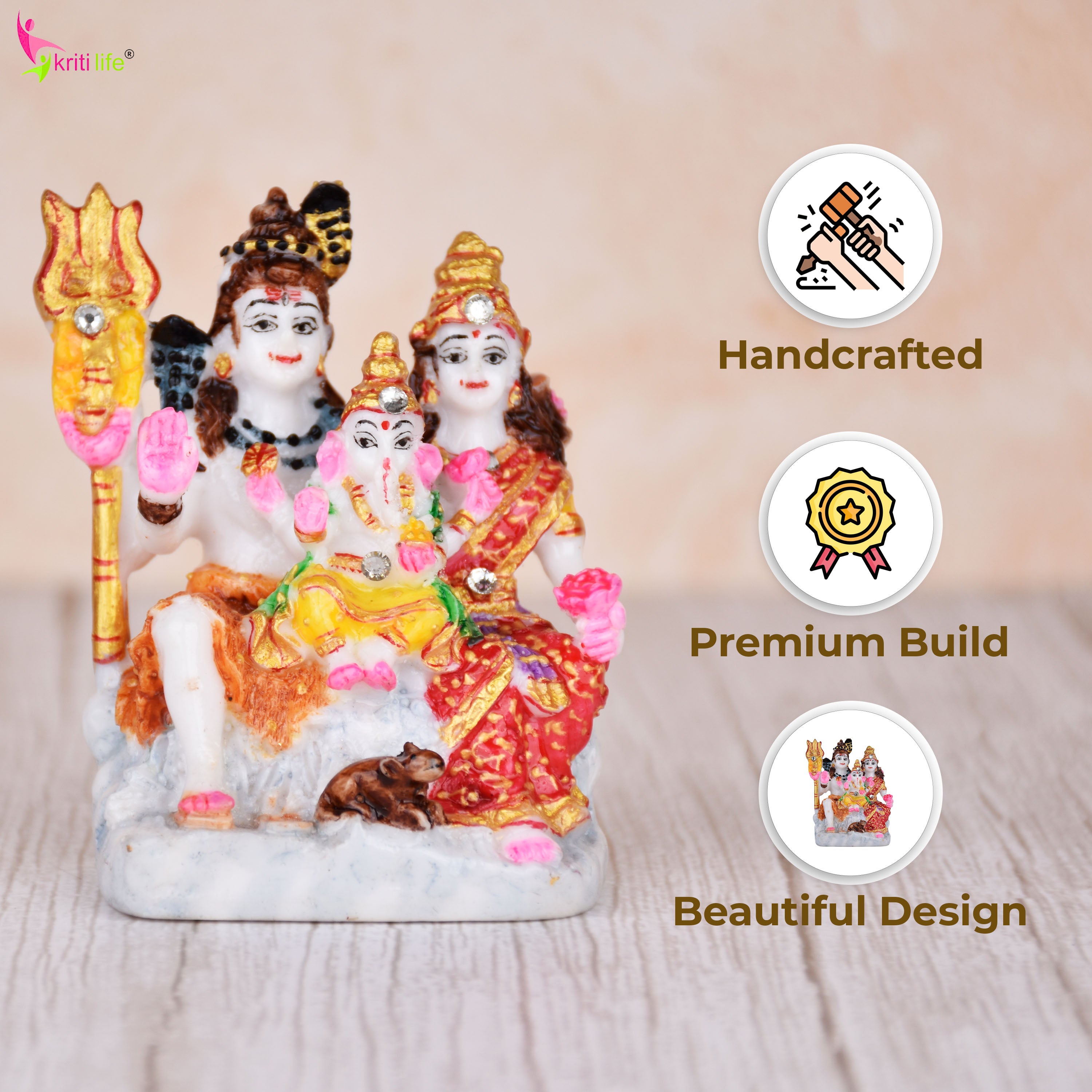 Shiva Parivar Idol | 3.5 inches | Marble Dust Lord Shiva, Parvati & Ganesha Statue with Traditional Finish